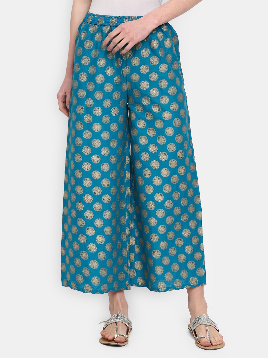 V-Mart Women Teal & Gold-Toned Ethnic Printed Flared Knitted Ethnic Palazzos Price in India