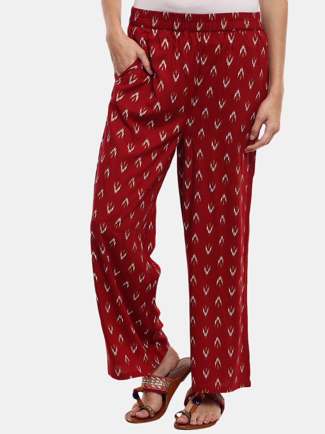 V-Mart Women Maroon & White Ethnic Motifs Printed Knitted Ethnic Palazzos Price in India
