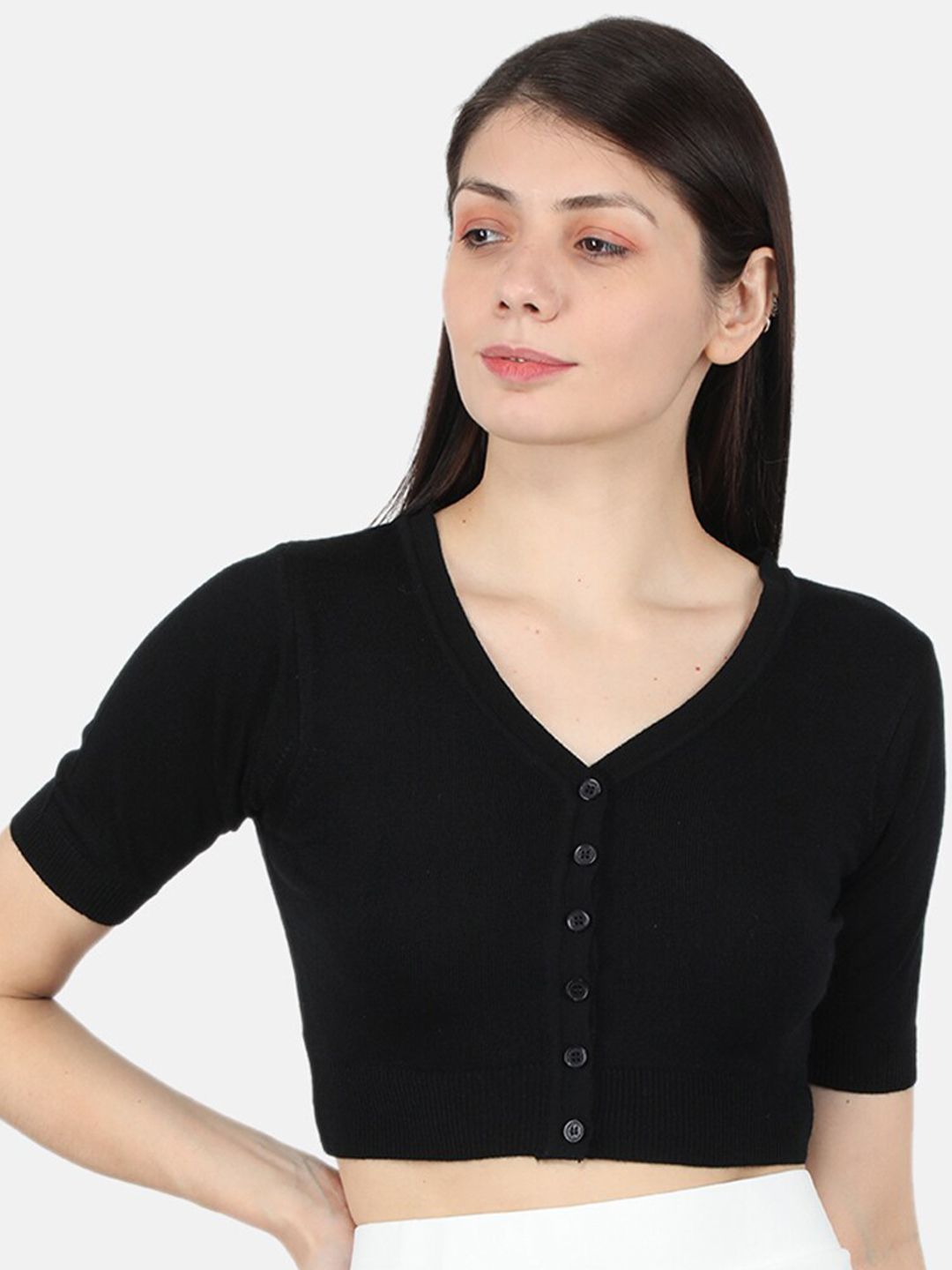 Monte Carlo Women Black Solid V-Neck Crop Wool Sweaters Price in India