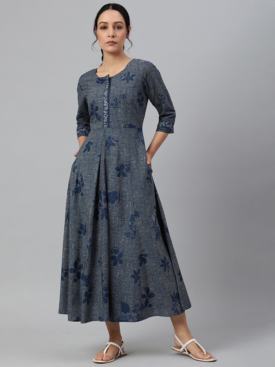 W Blue Floral Chiffon A-Line Midi Dress Price in India