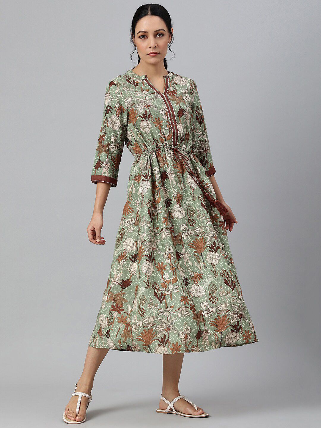 W Green Floral Chiffon A-Line Midi Dress Price in India