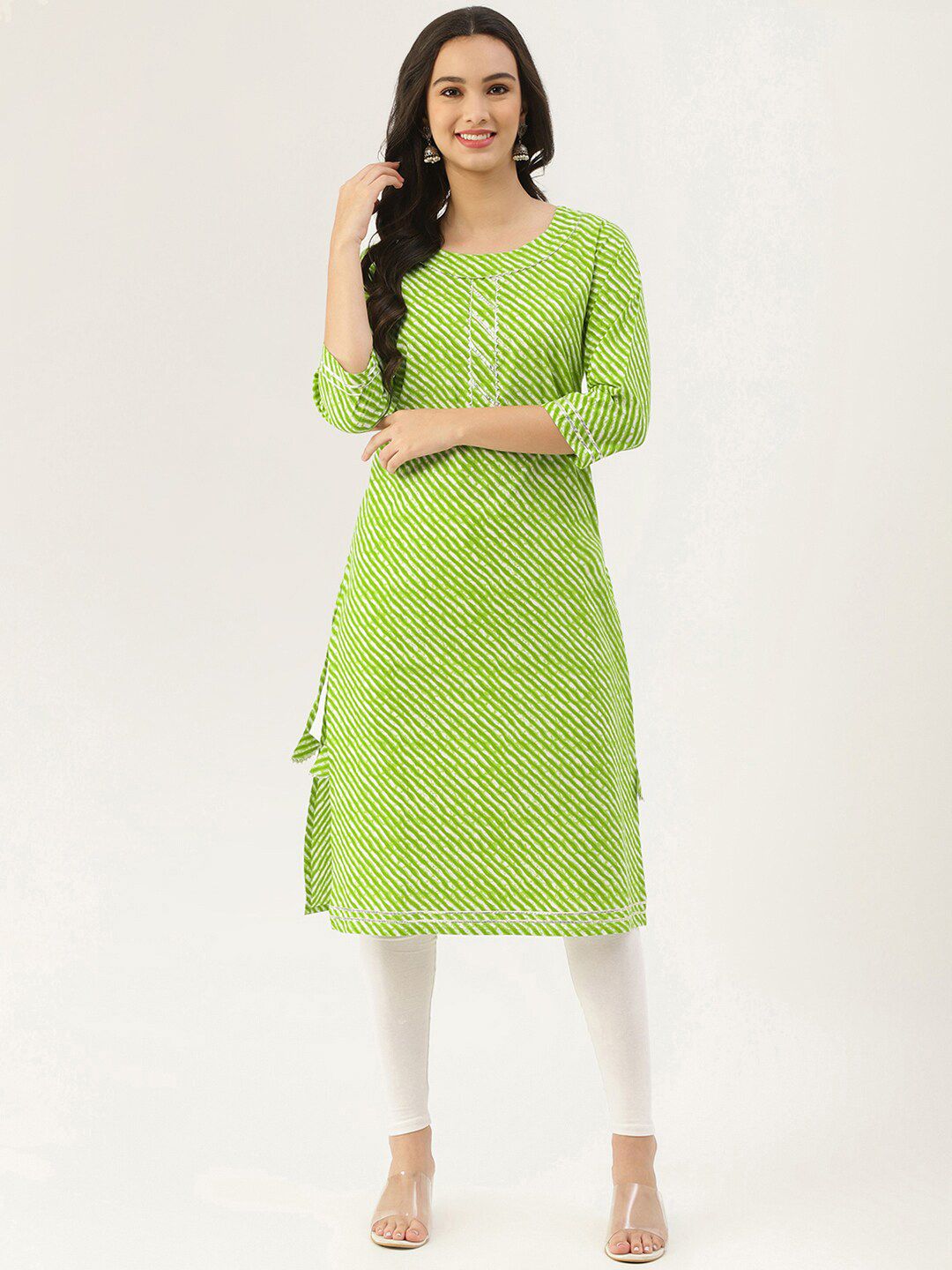 Lee Moda Women Green Leheriya Cotton Blend Straight Kurta