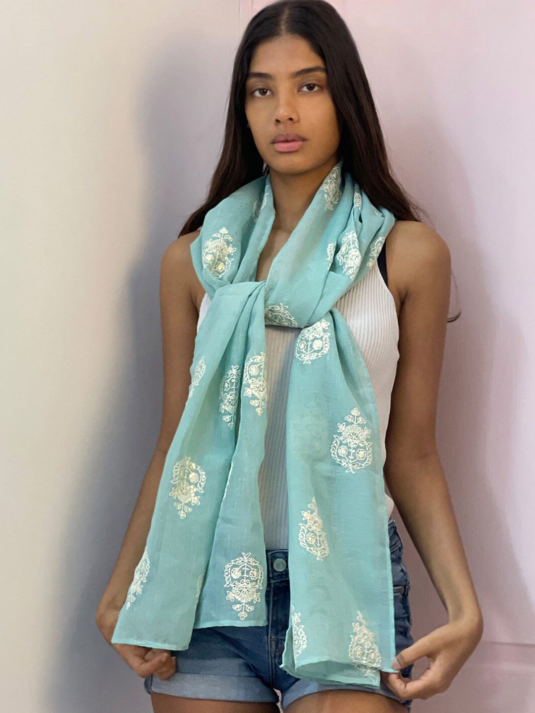 Ayesha Women Green & Silver-Toned Embroidered Scarf Price in India