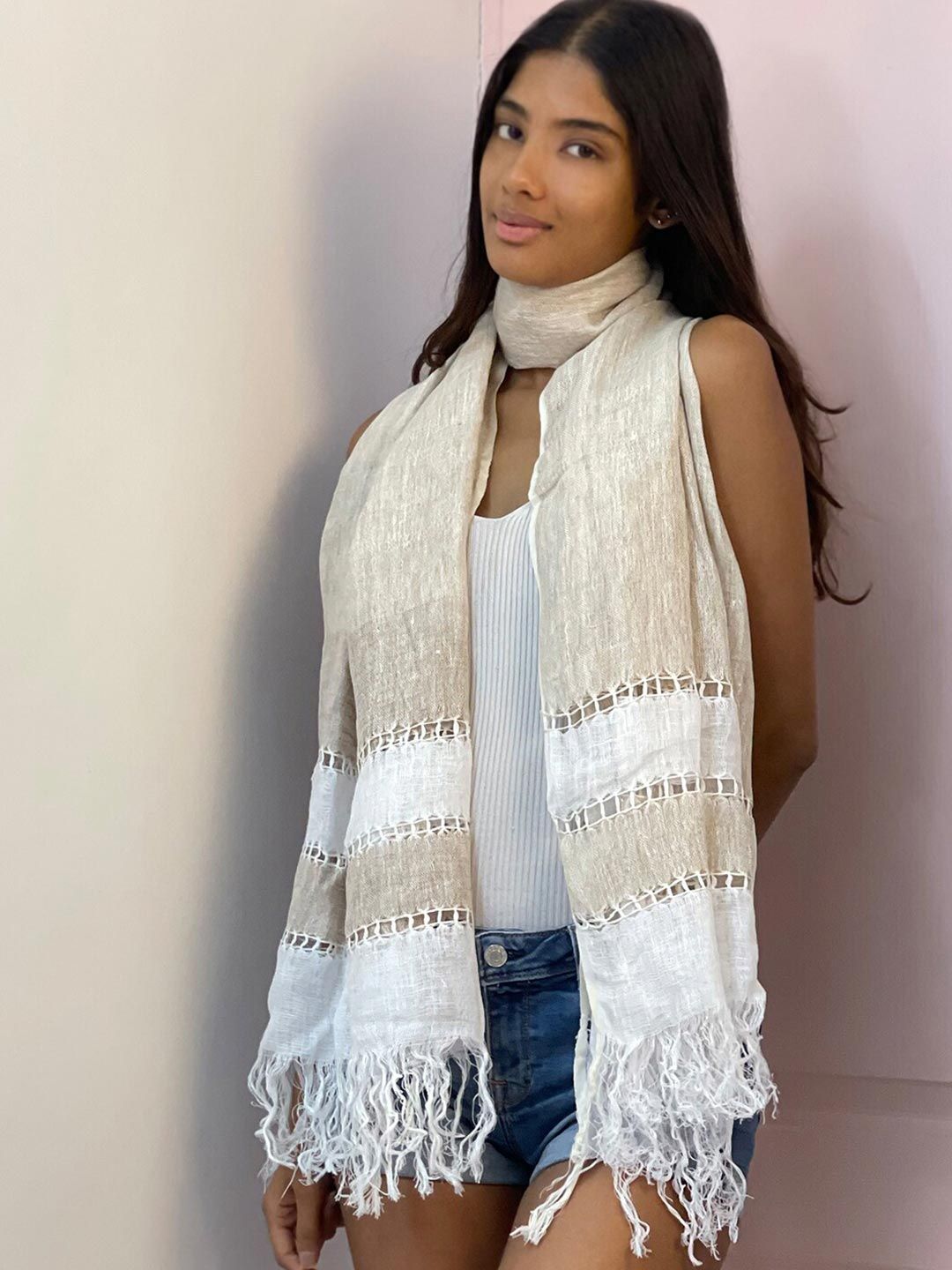 Ayesha Women Beige & White Solid Linen Scarf Price in India