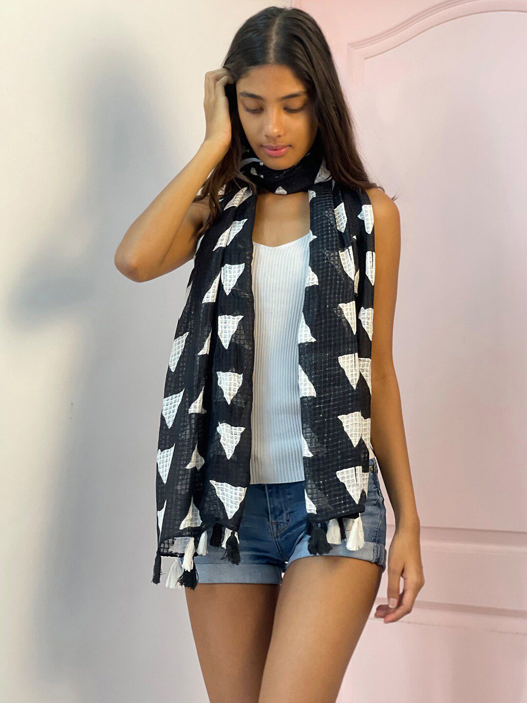 Ayesha Women Black & White Printed Scarf Price in India