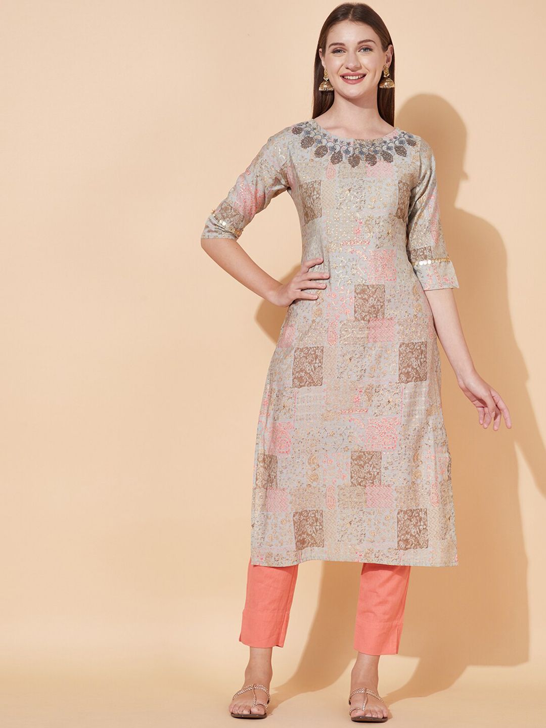 FASHOR Women Grey Geometric Embroidered Thread Work Straight Fit Kurta Price in India