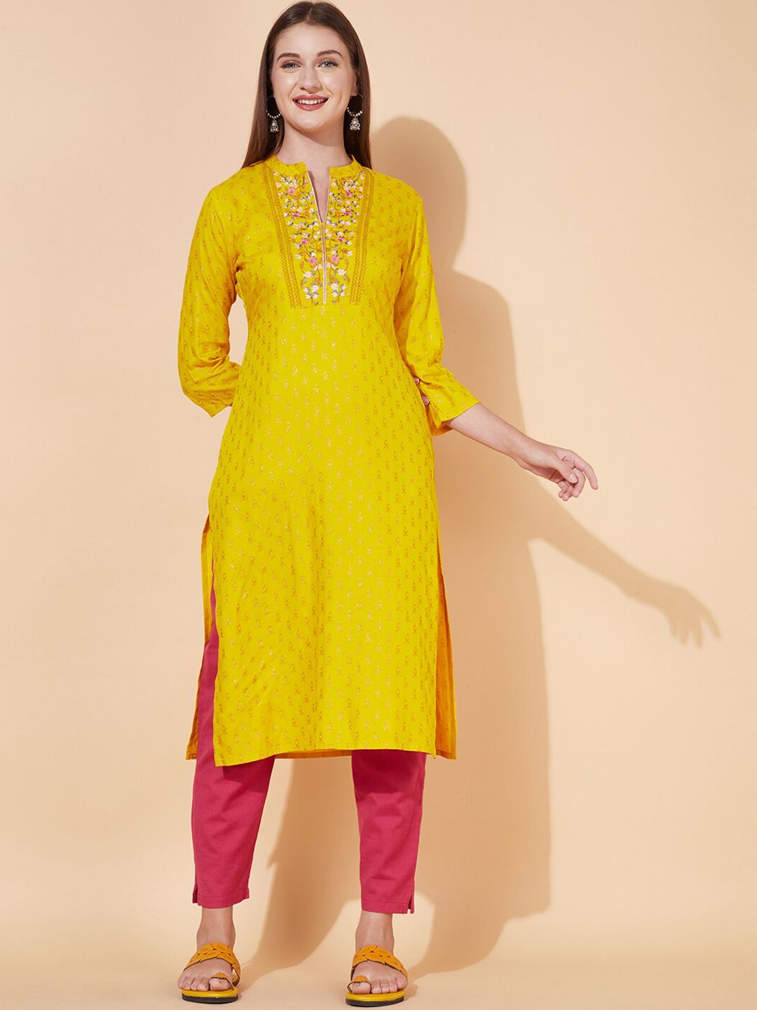 FASHOR Women Yellow Ethnic Motifs Yoke Design Thread Work Kurta Price in India