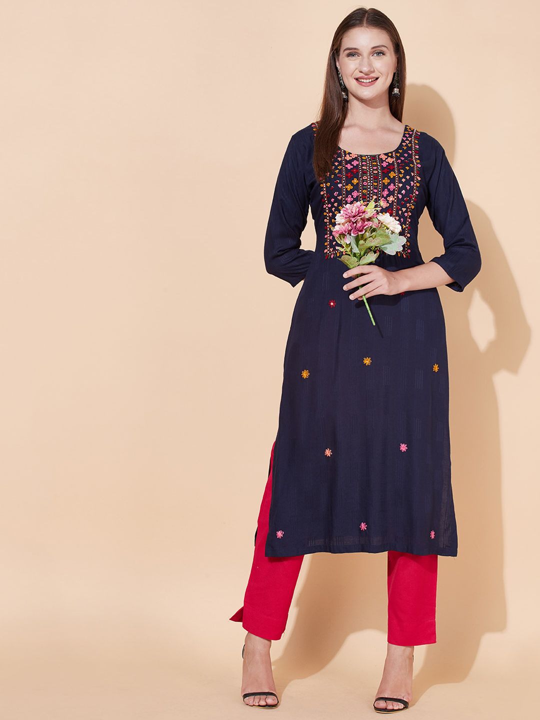 FASHOR Women Navy Blue Floral Embroidered Thread Work Kurta