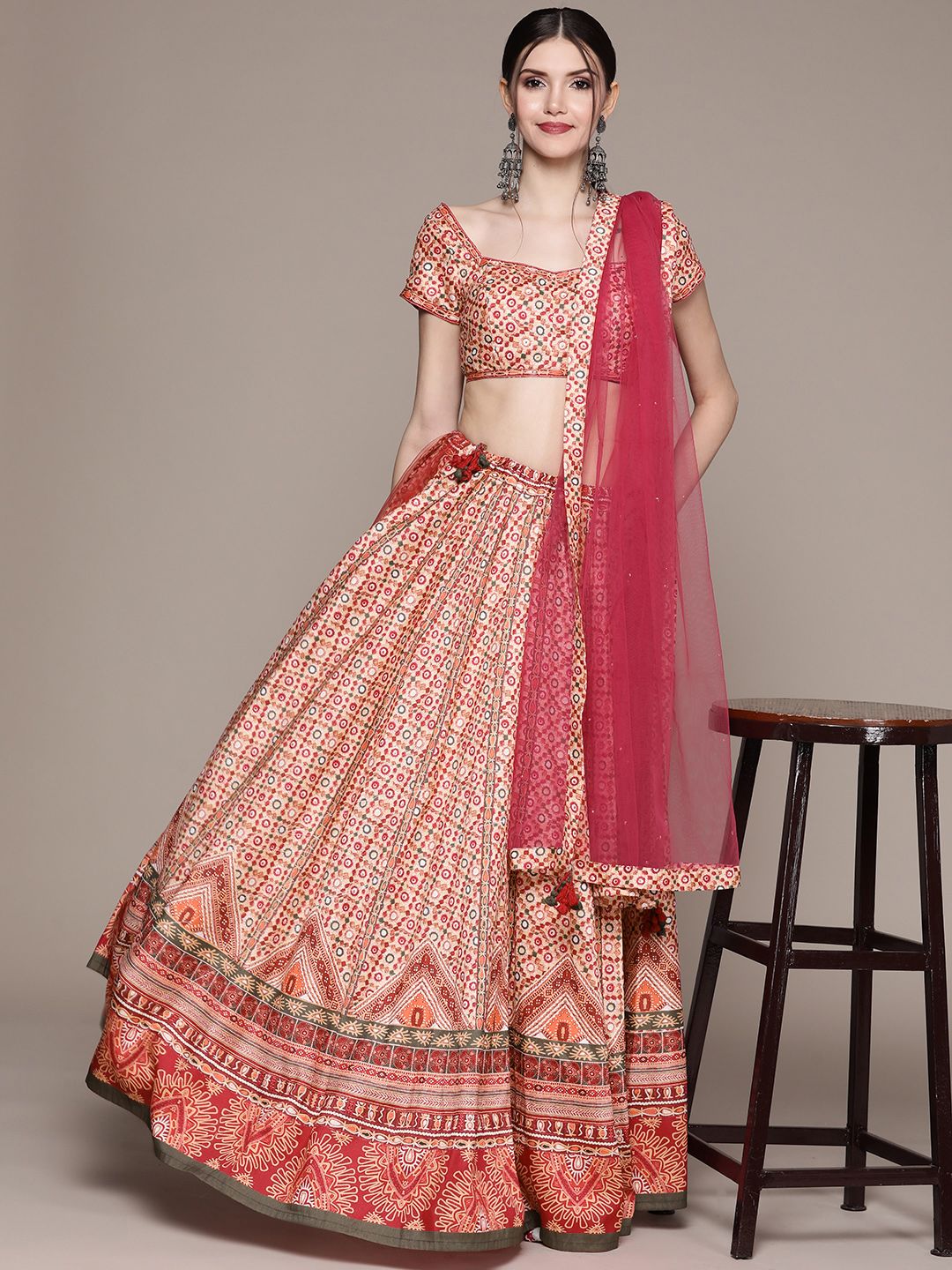 aarke Ritu Kumar Pink & Green Printed Ready to Wear Lehenga with Blouse & Dupatta Price in India