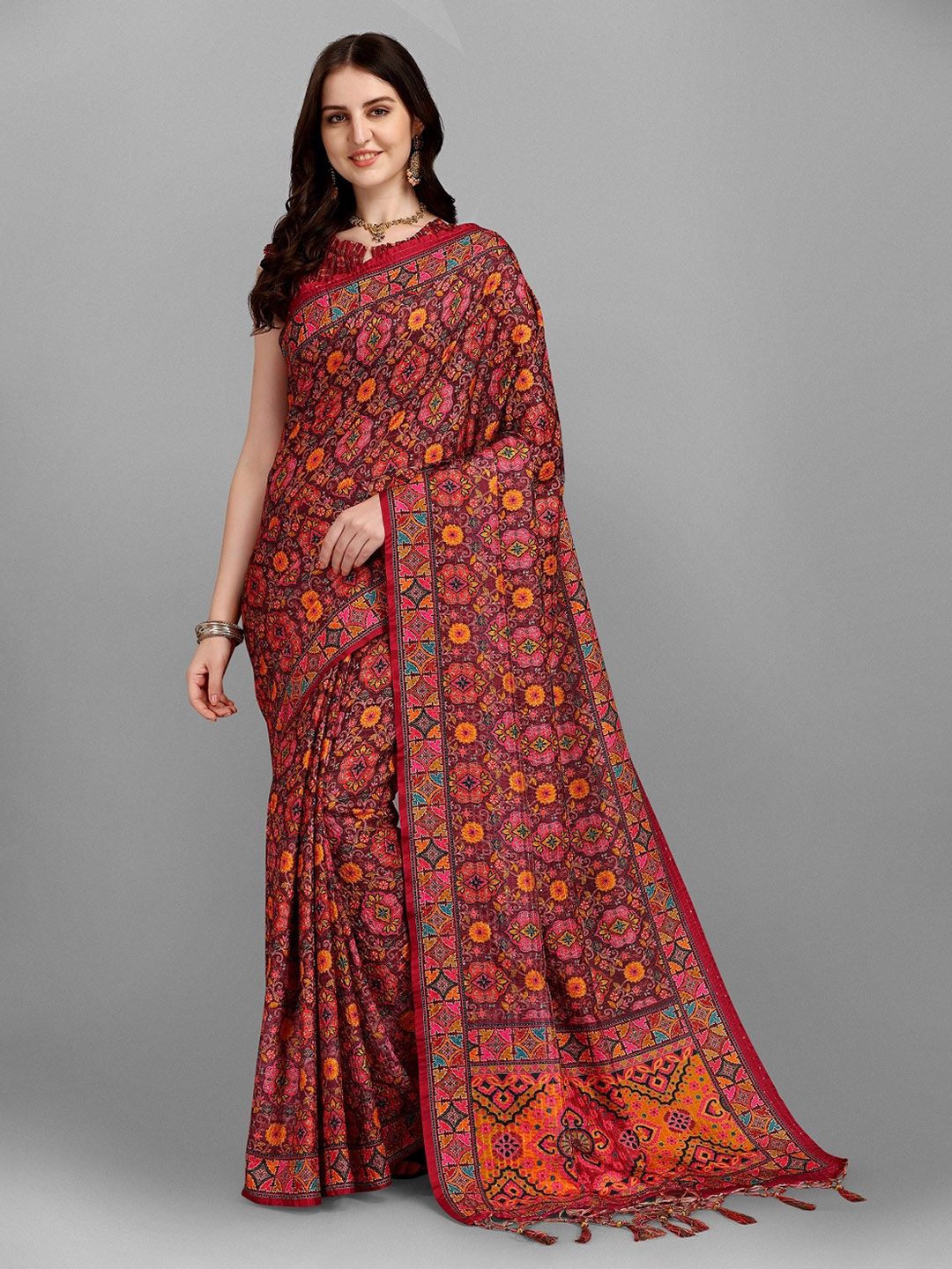 Fashionuma Red & Mustard Ethnic Motifs Pure Silk Saree