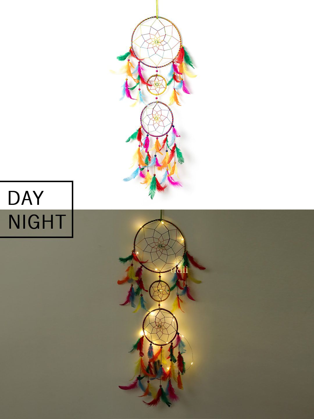 DULI Multicoloured Feathers Hanging Dream Catcher with Lights & Windchimes Price in India