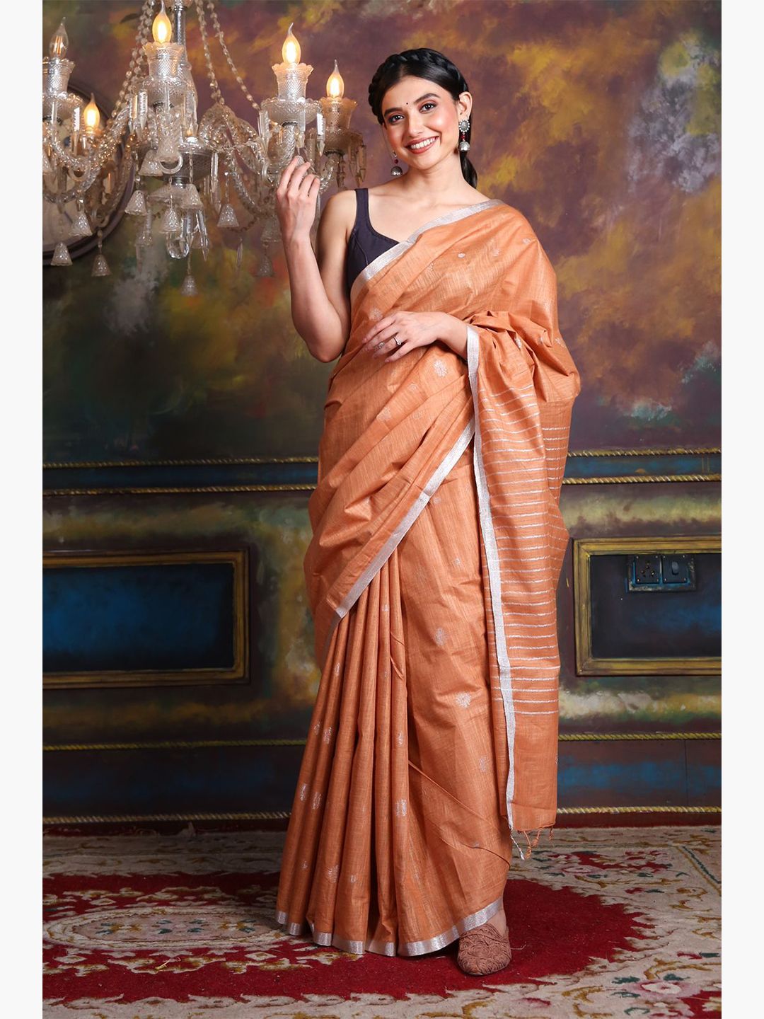 Charukriti Peach-Coloured & Silver-Toned Woven Design Zari Silk Blend Saree Price in India