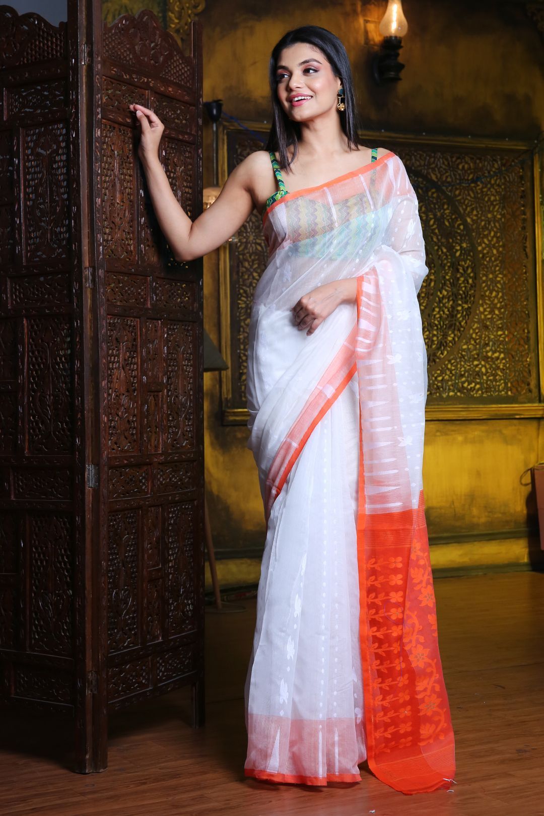Charukriti White & Red Woven Design Silk Cotton Jamdani Saree