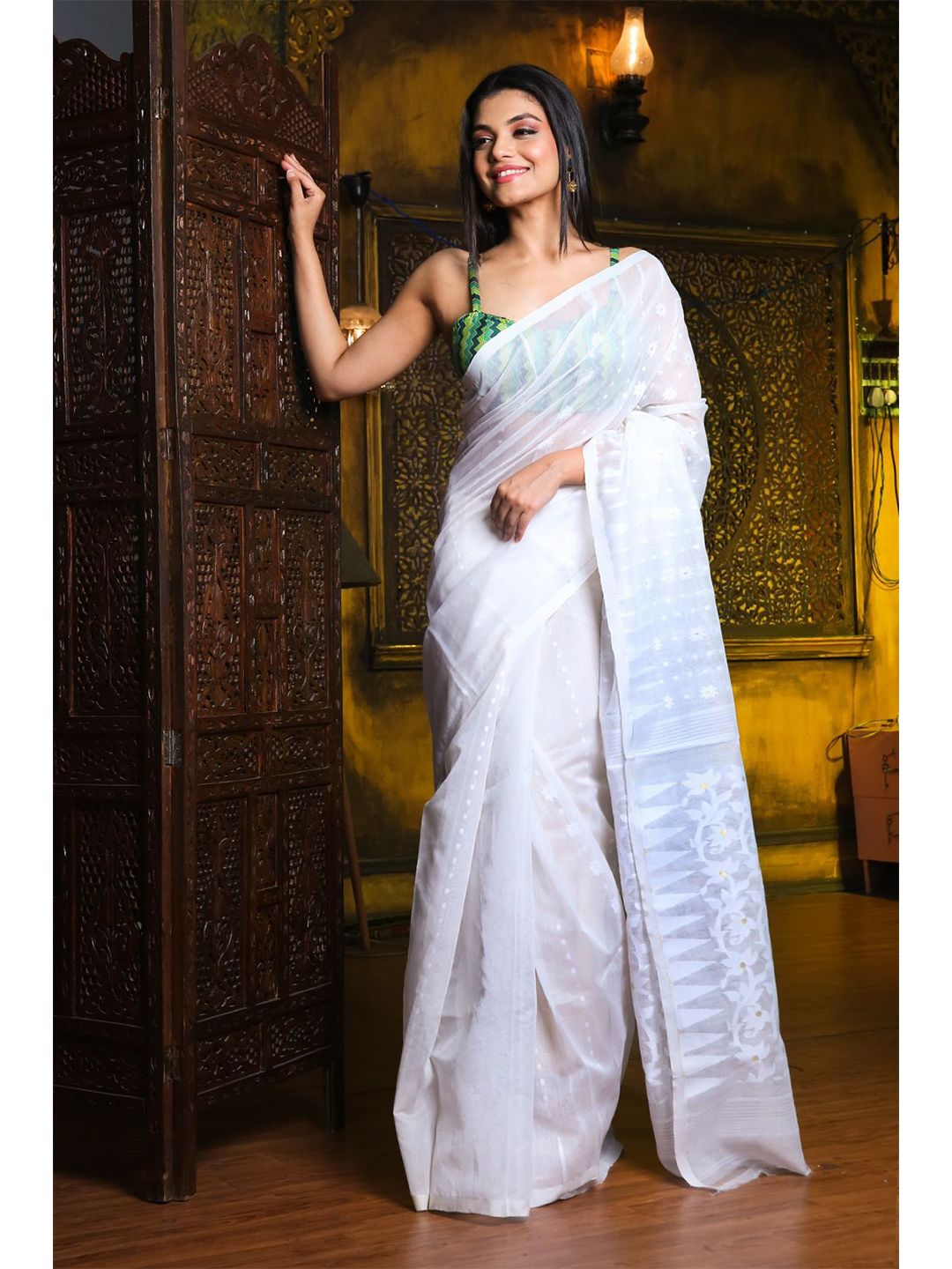 Charukriti White Floral Zari Silk Cotton Jamdani Saree
