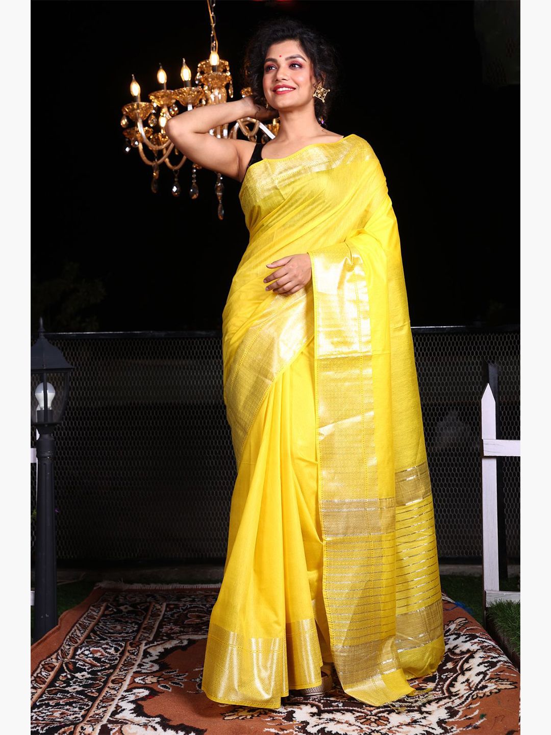 Charukriti Yellow & Gold-Toned Woven Design Zari Silk Blend Saree