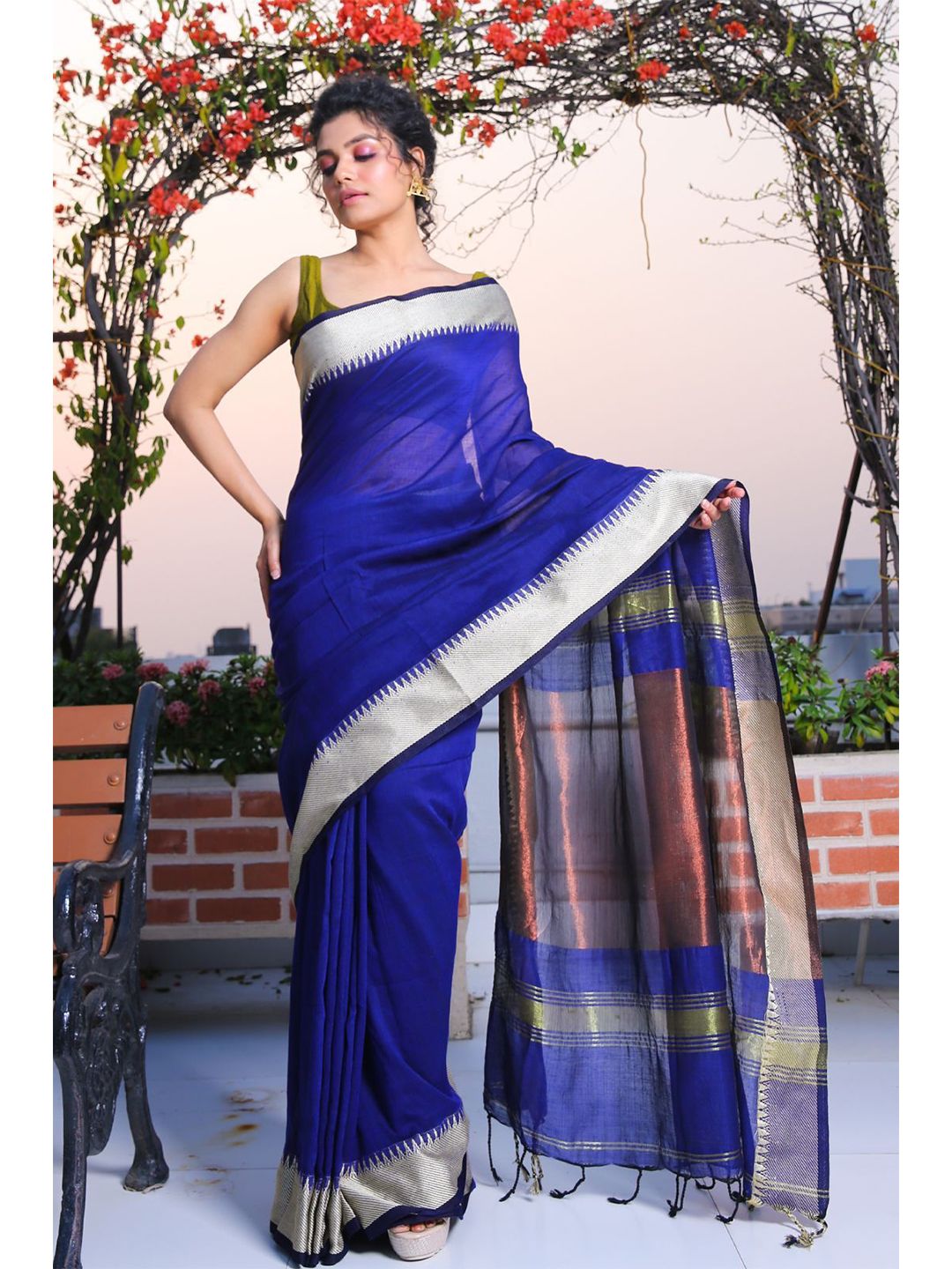 Charukriti Blue & Gold-Toned Woven Design Zari Saree Price in India