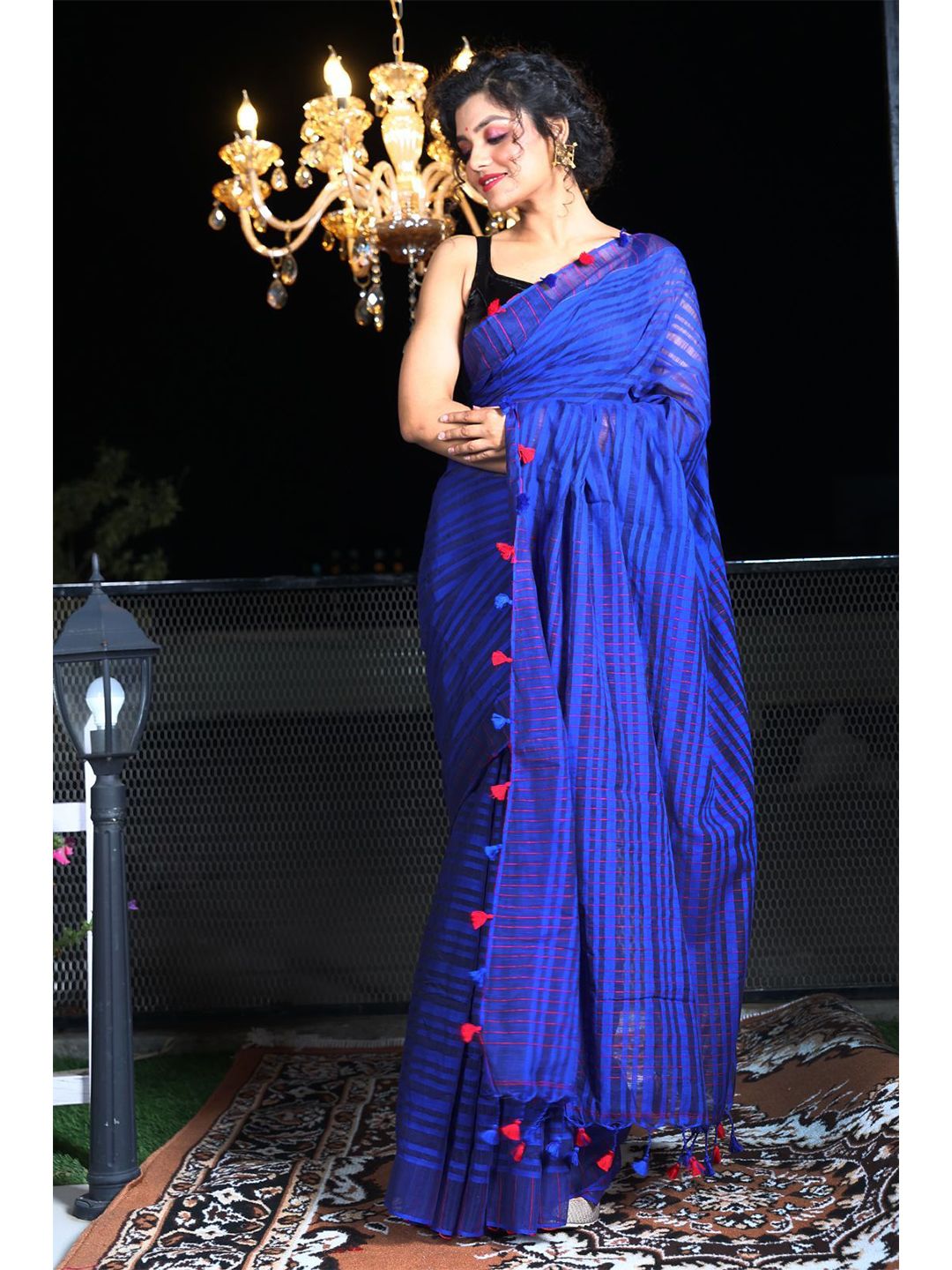 Charukriti Blue & Red Woven Design Zari Pure Cotton Saree Price in India