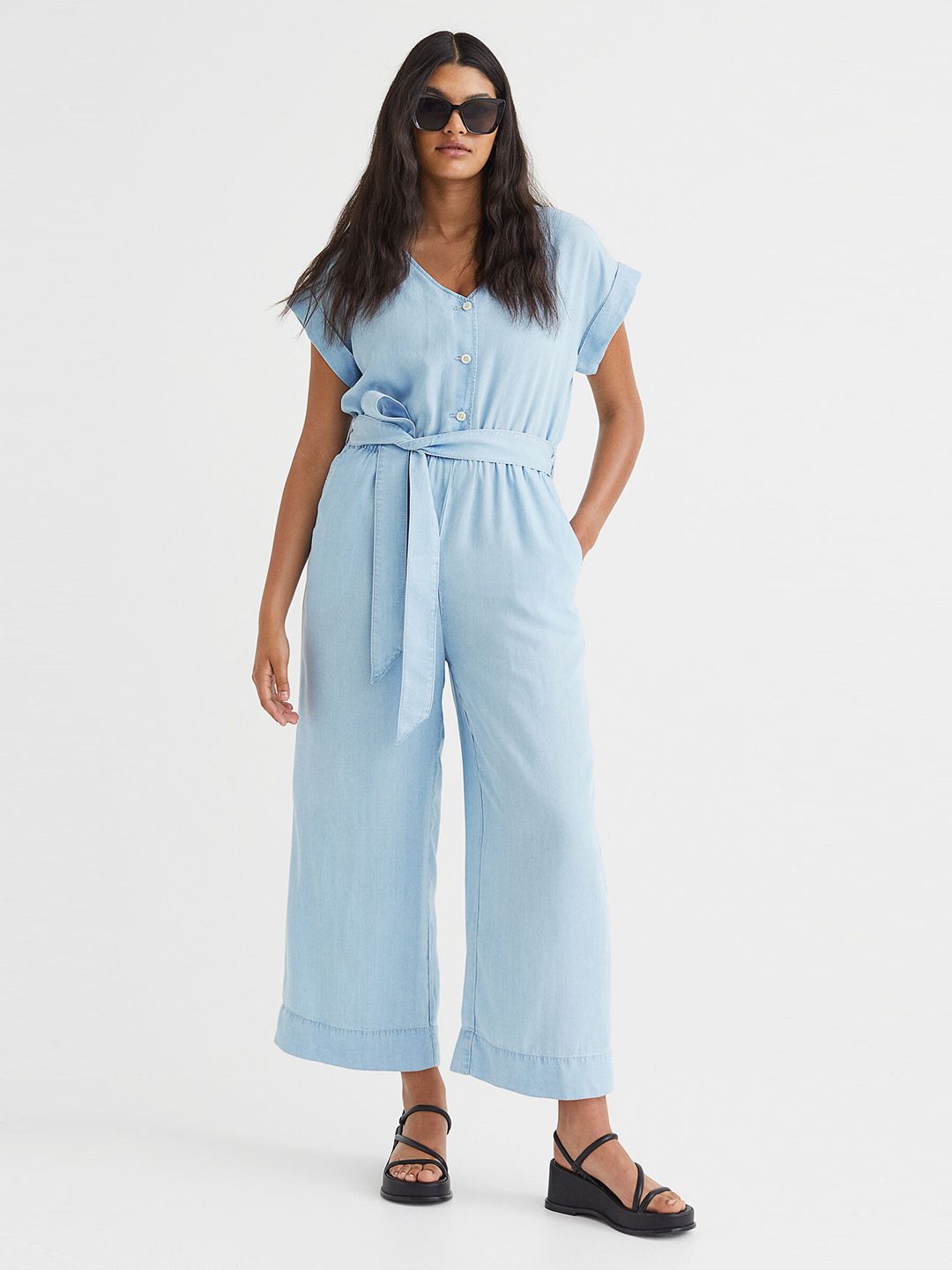 H&M Women Blue V-Neck Denim Jumpsuit Price in India