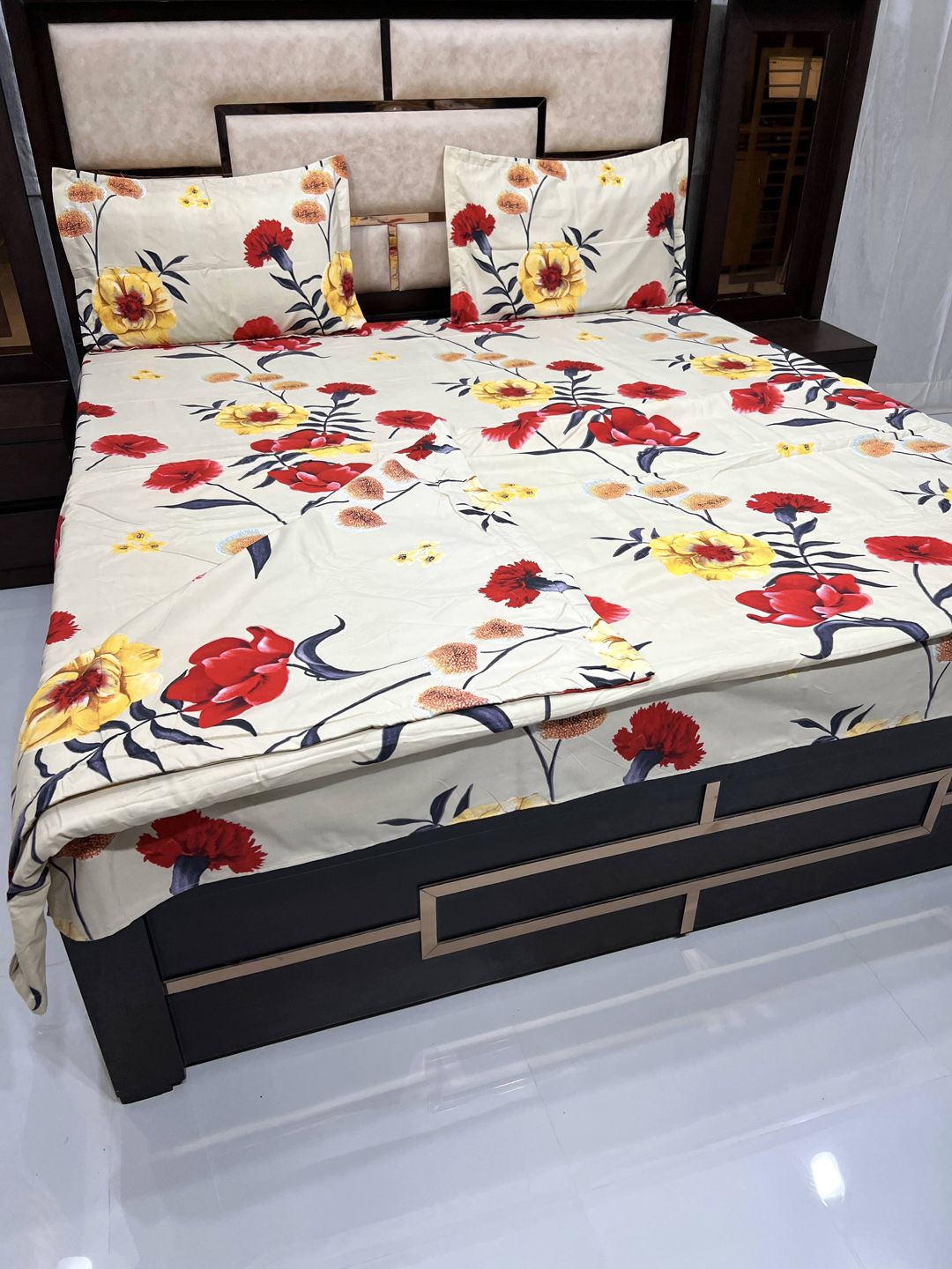 Pure Decor Beige Colored & Red Floral Printed Cotton Double King 250 TC Bedding Set With Comforter Price in India