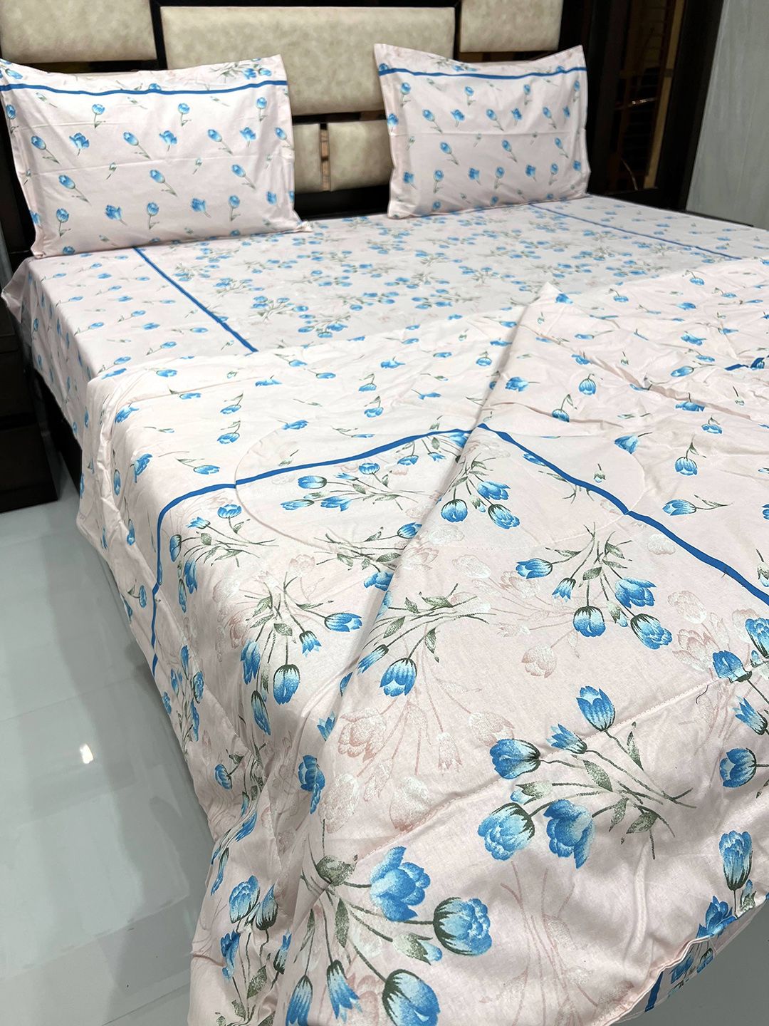 Pure Decor Pink & Blue Printed 250TC Pure Cotton Double King Bedding Set Price in India
