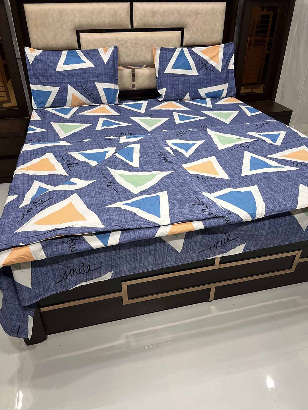 Pure Decor Navy Blue & Orange Printed 250 TC Bedding Set Price in India