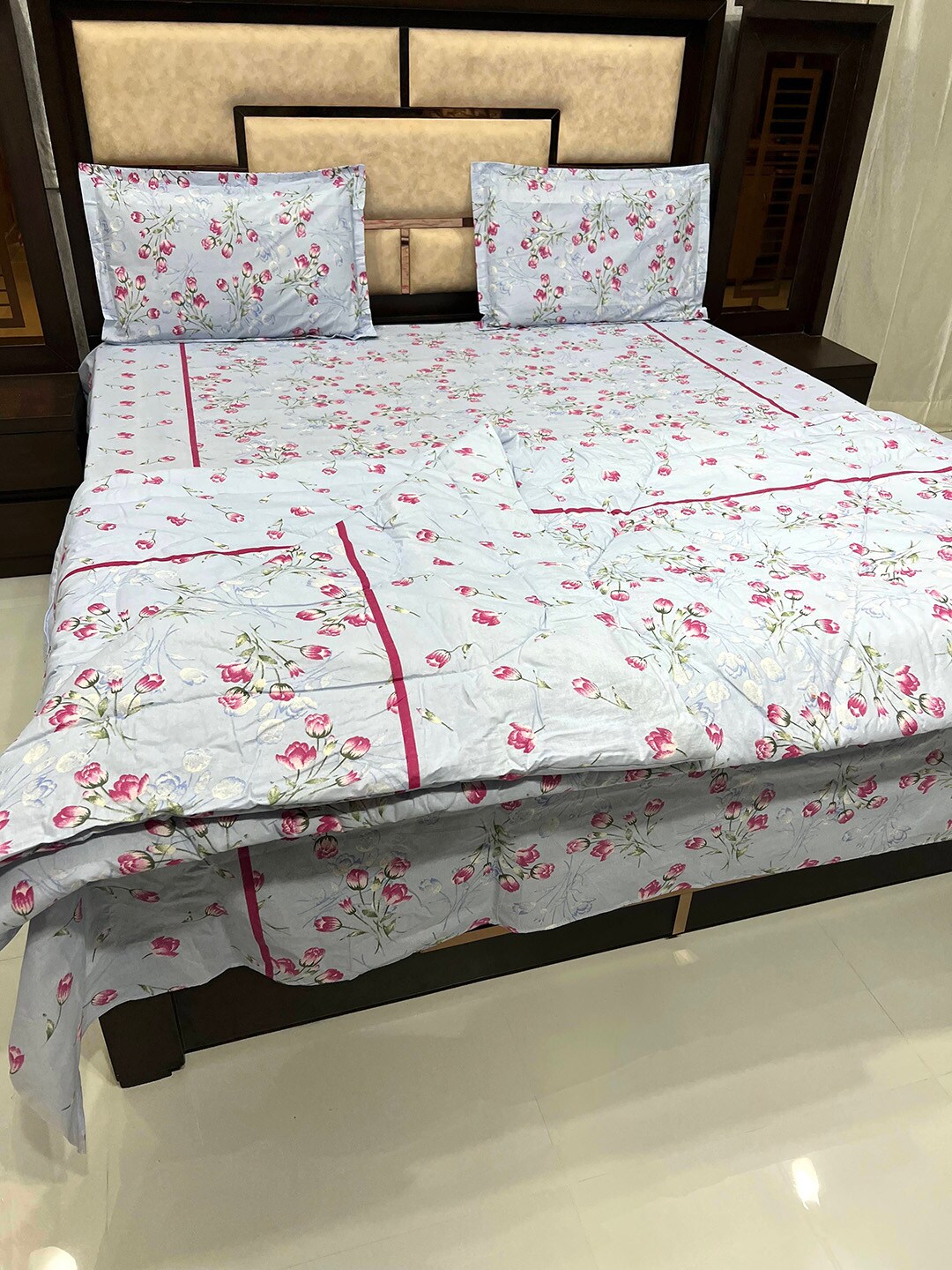 Pure Decor Purple & Red Floral Printed Cotton Double King 250 TC Bedding Set With Comforter Price in India