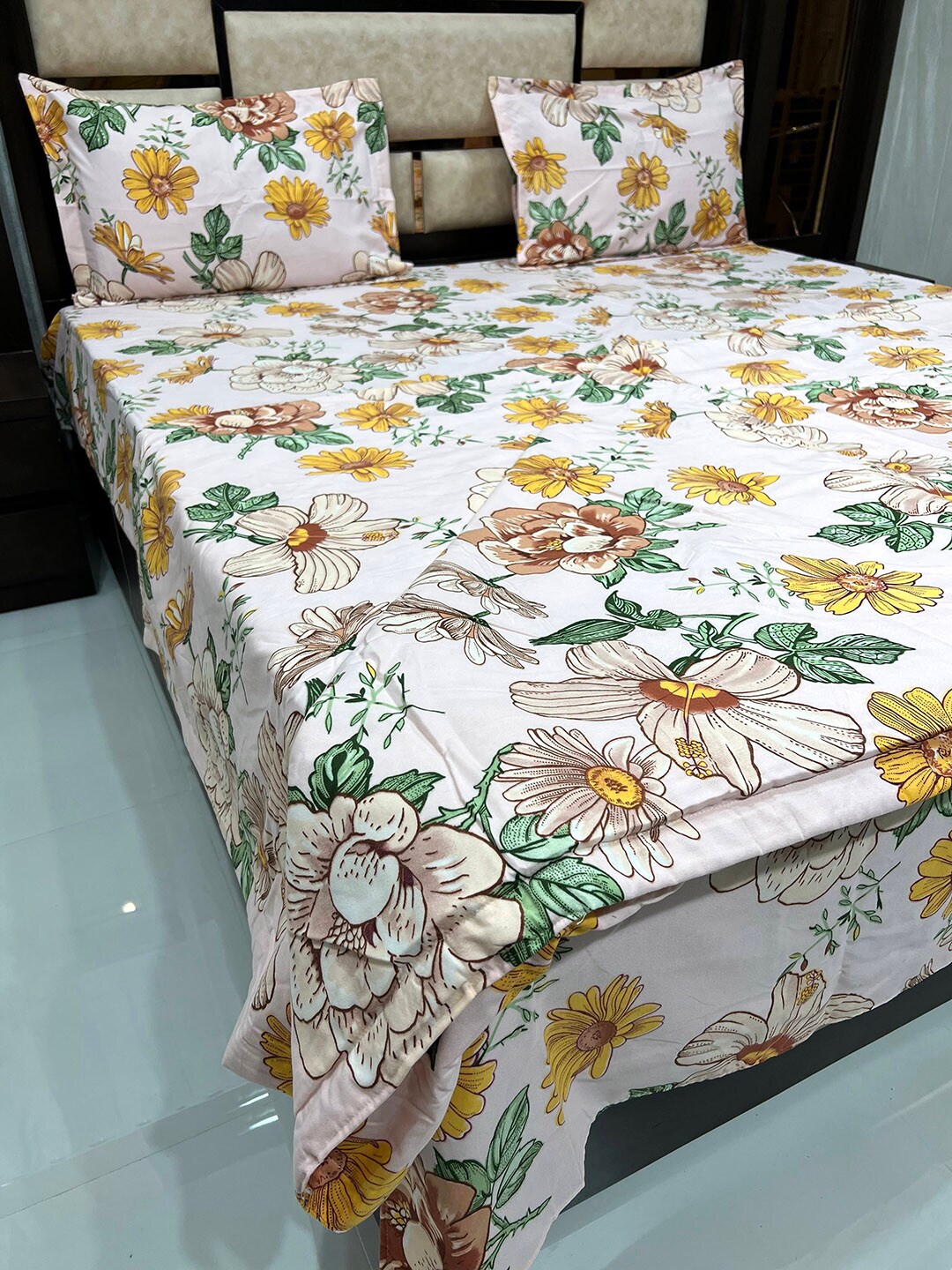 Pure Decor Pink & yELLOW Printed 250TC Double King Bedding Set Price in India
