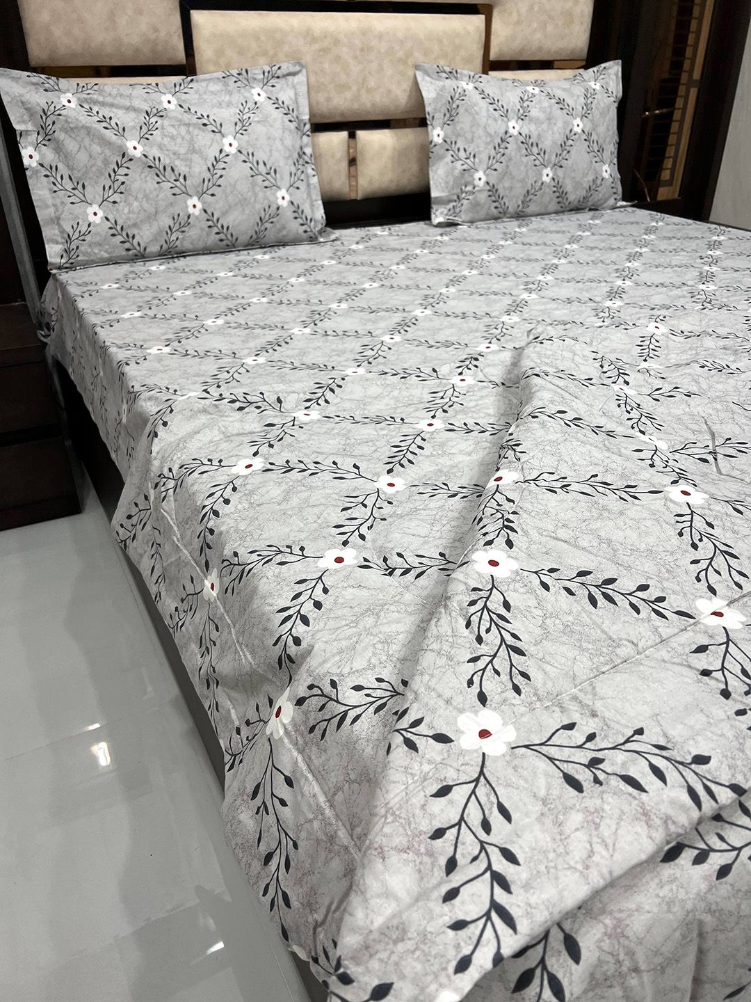 Pure Decor Grey & Black Printed Pure Cotton 250 TC Bedding Set Price in India