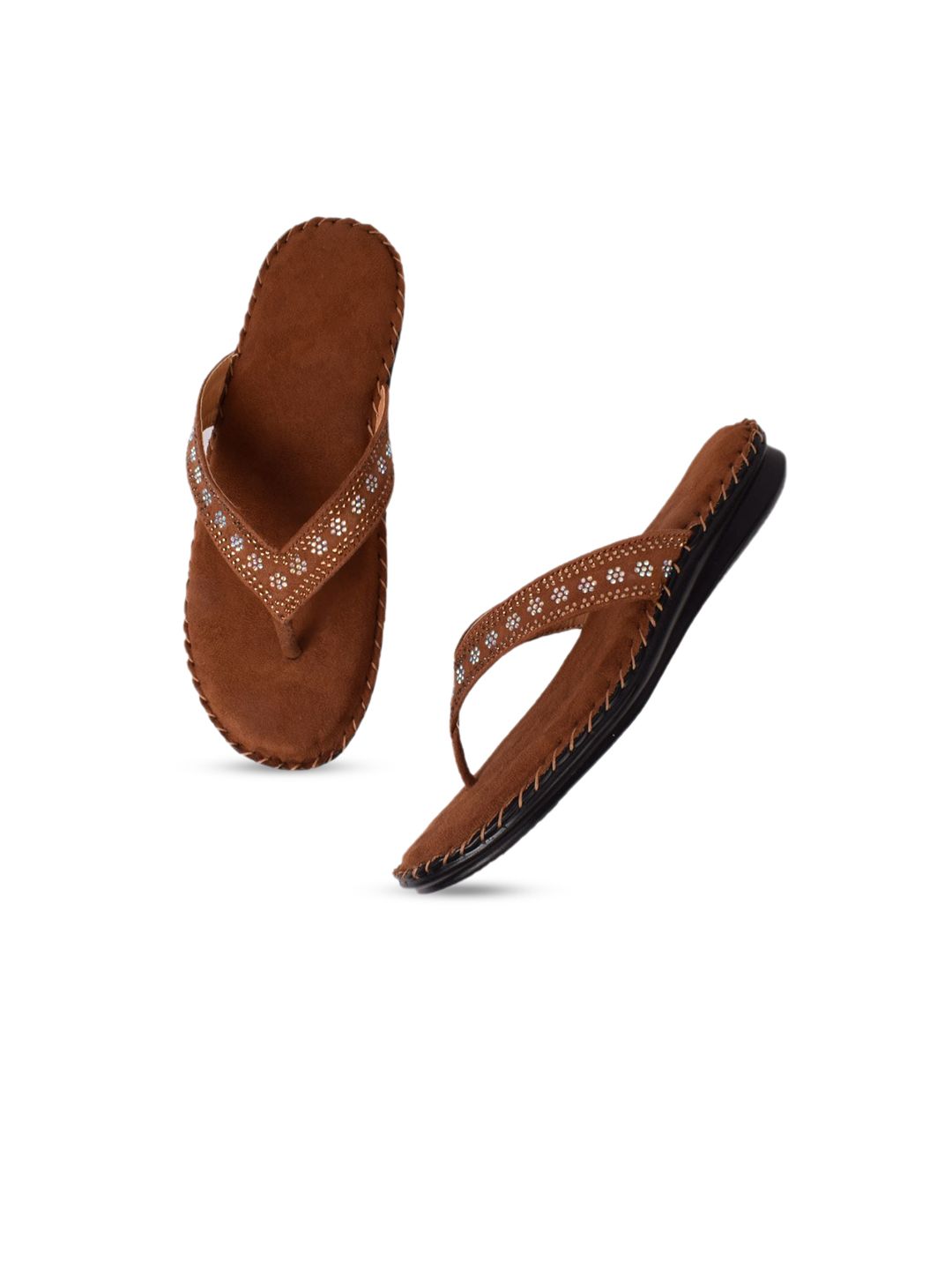 XE LOOKS Women Tan Embellished Leather Ethnic Flats Price in India