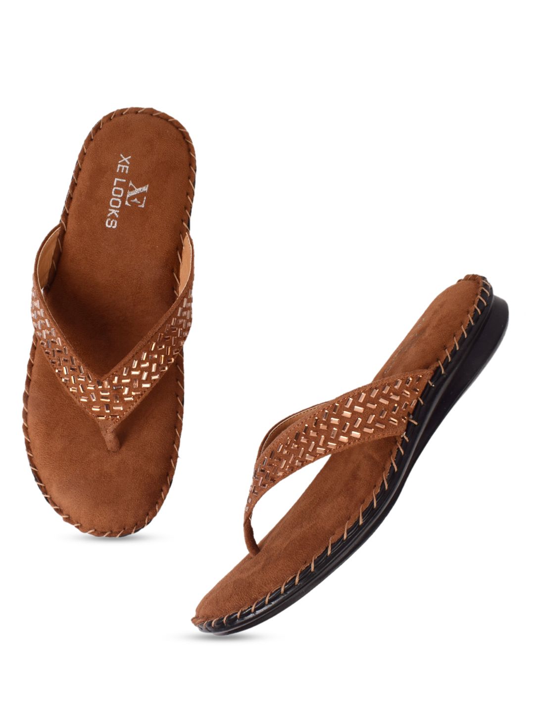 XE LOOKS Women Tan Embellished Flats Price in India