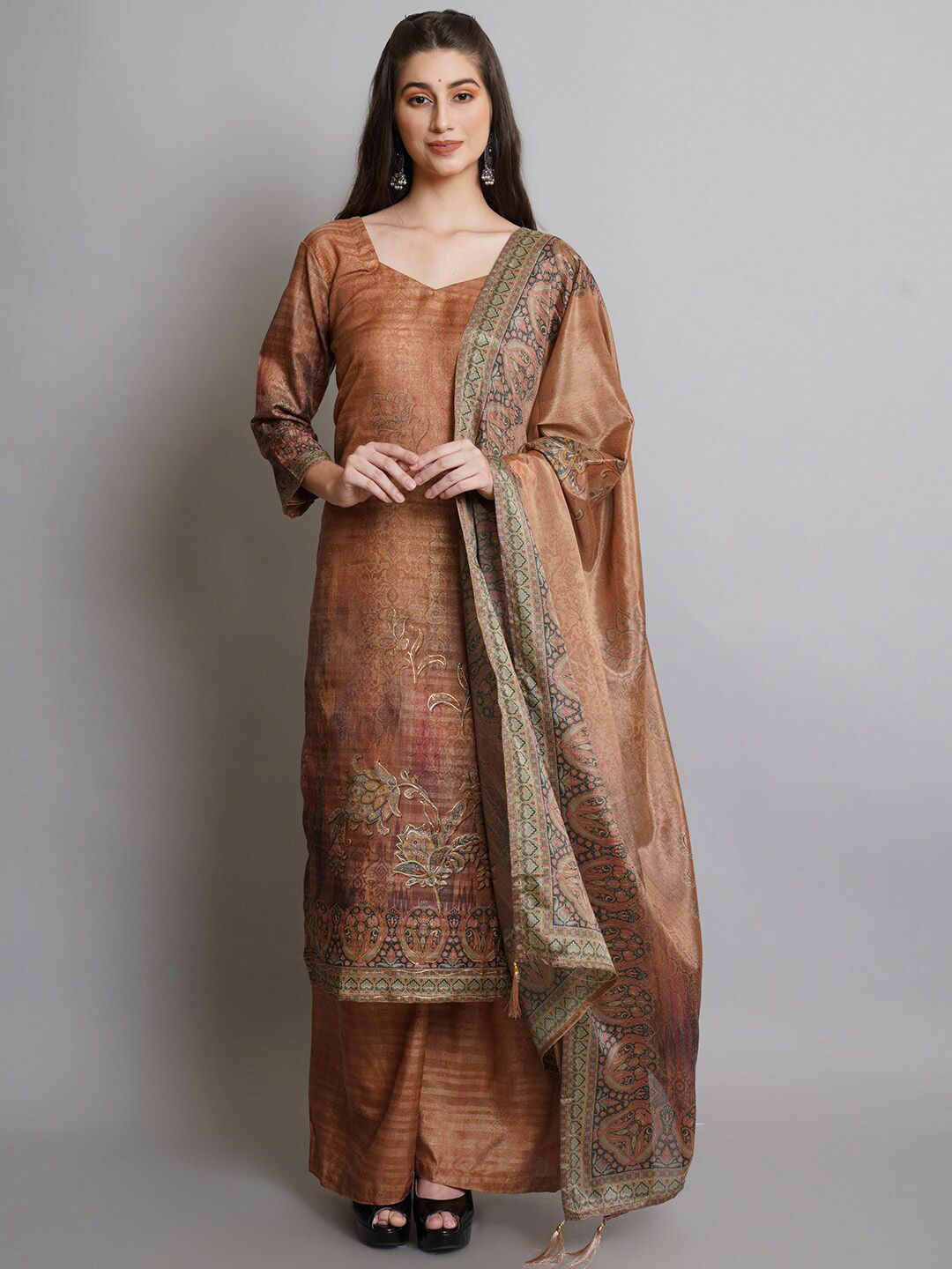 Stylee LIFESTYLE Gold-Toned & Brown Unstitched Dress Material Price in India