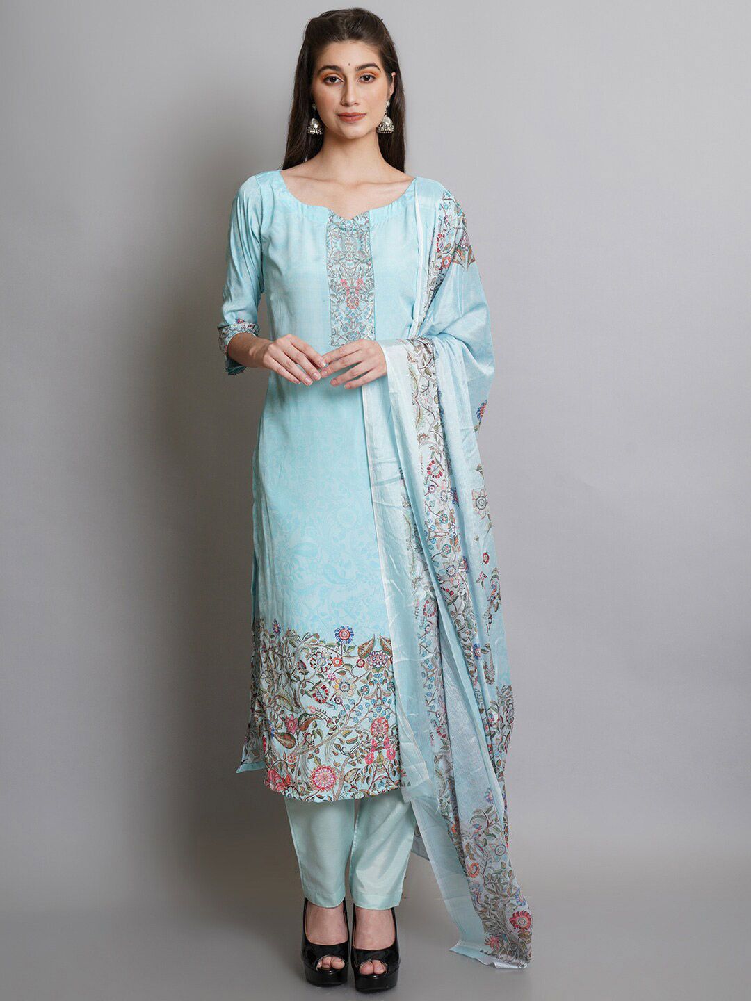 Stylee LIFESTYLE Turquoise Blue & Red Unstitched Dress Material Price in India