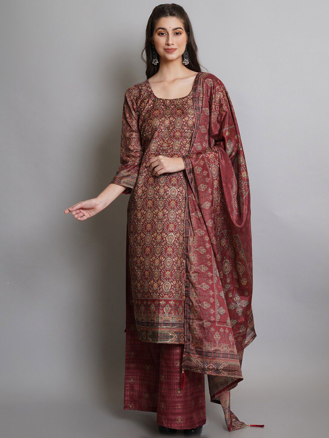 Stylee LIFESTYLE Maroon & Green Unstitched Dress Material Price in India