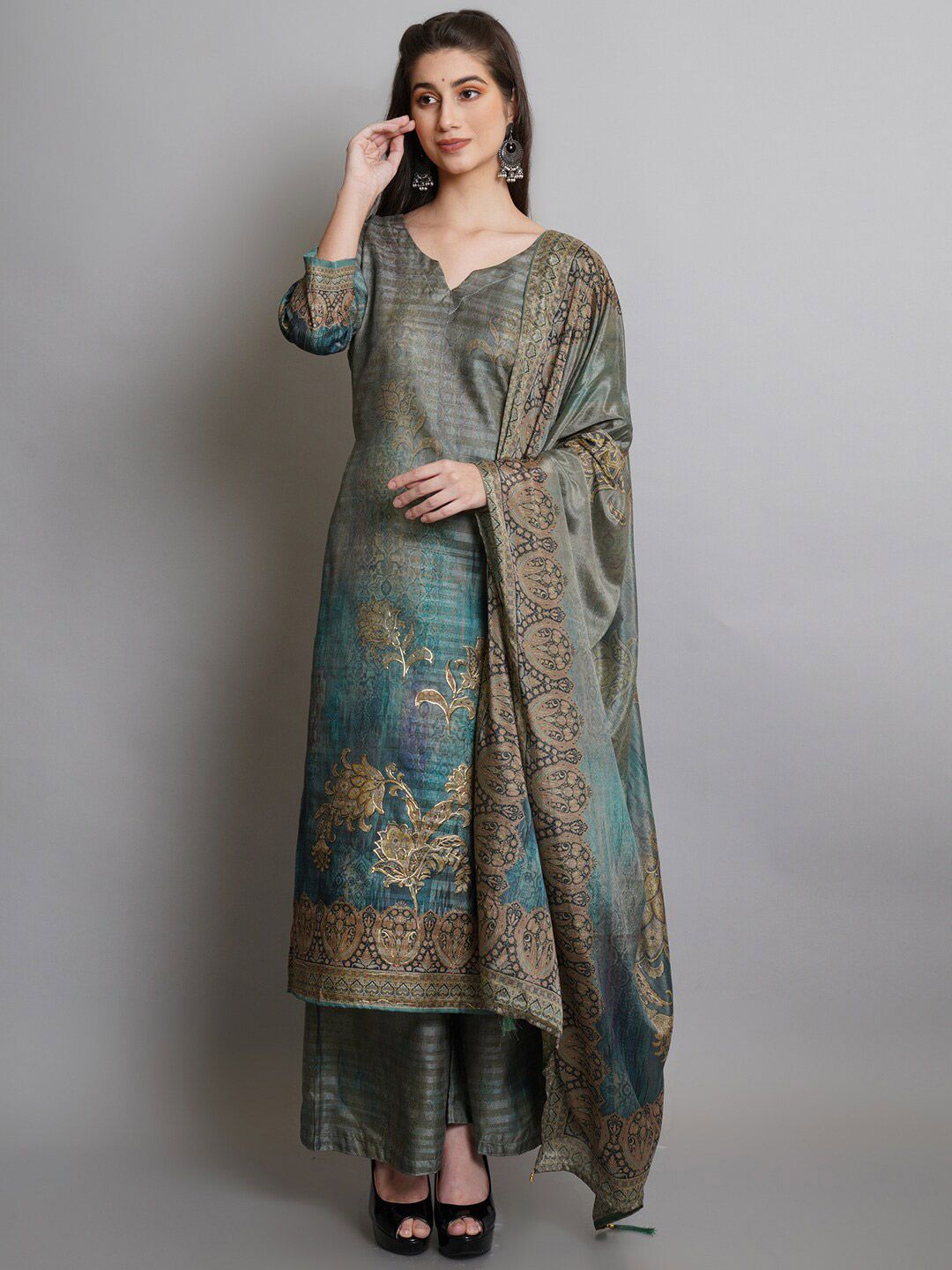 Stylee LIFESTYLE Green & Brown Printed Unstitched Dress Material Price in India