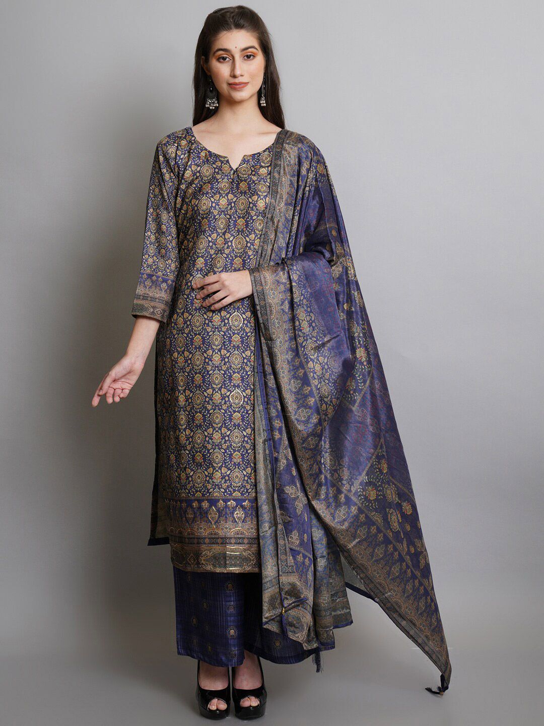 Stylee LIFESTYLE Navy Blue & Gold-Toned Digital Printed Unstitched Dress Material Price in India