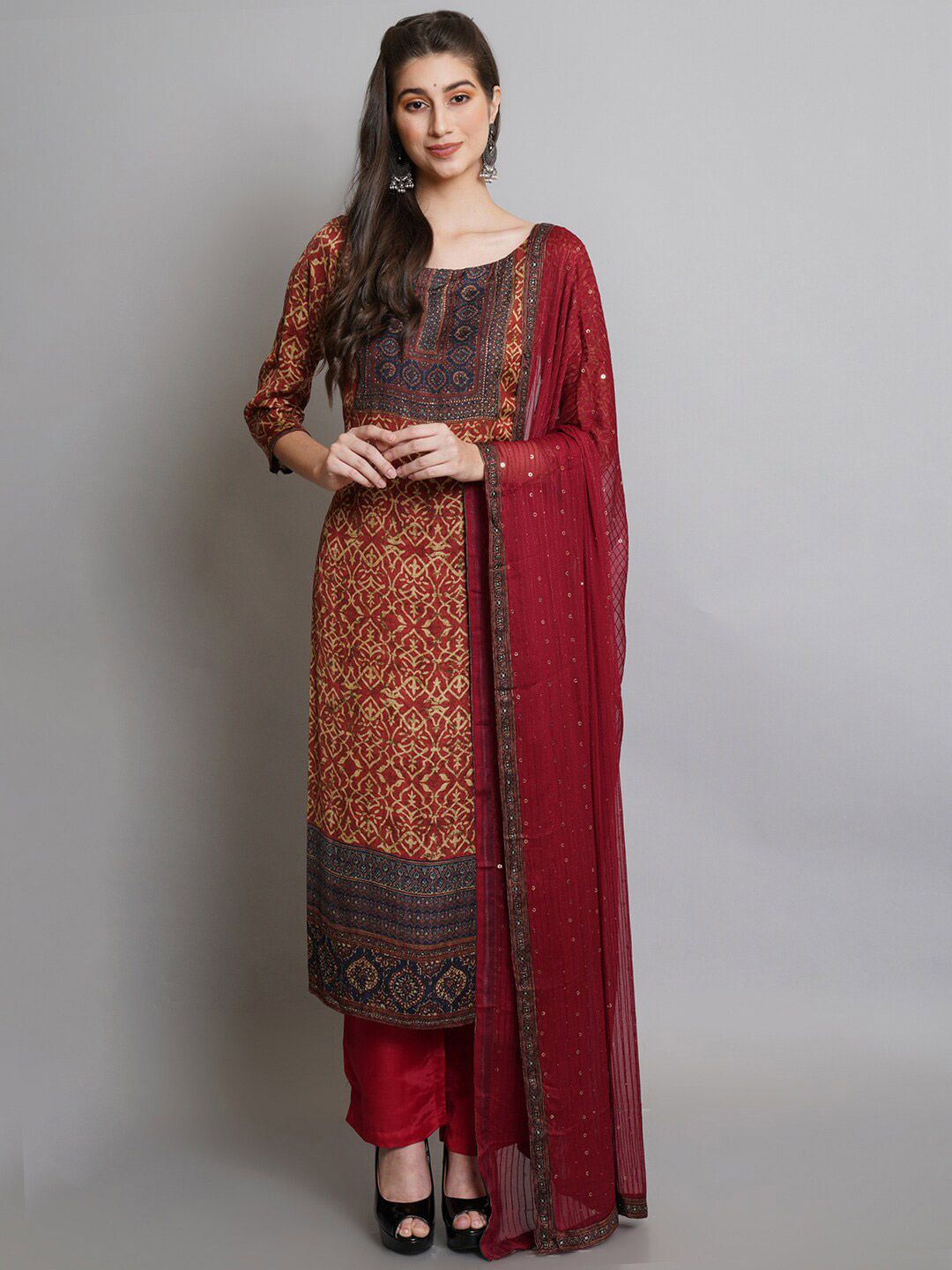 Stylee LIFESTYLE Maroon & Navy Blue Satin Unstitched Dress Material Price in India