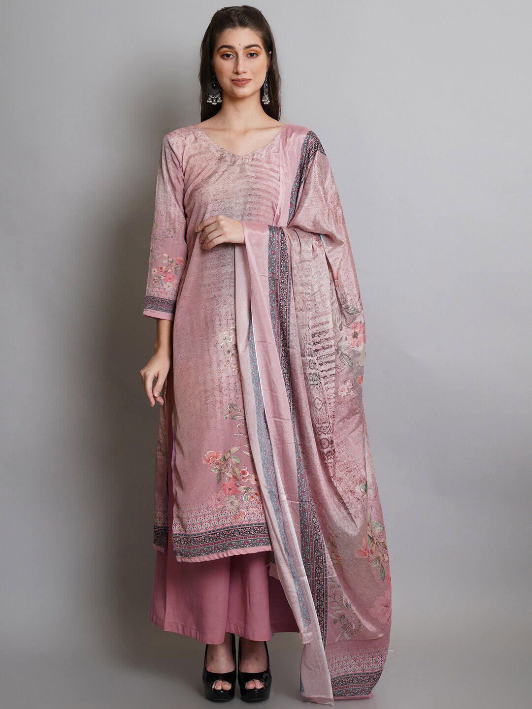 Stylee LIFESTYLE Pink & Green Printed Unstitched Dress Material Price in India