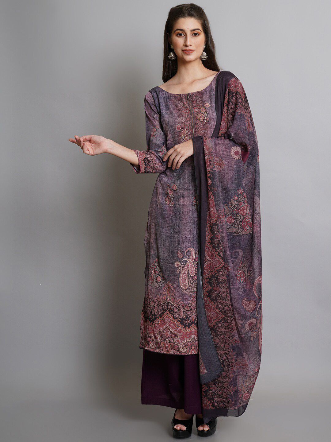 Stylee LIFESTYLE Women Purple & Green Printed Unstitched Dress Material Price in India