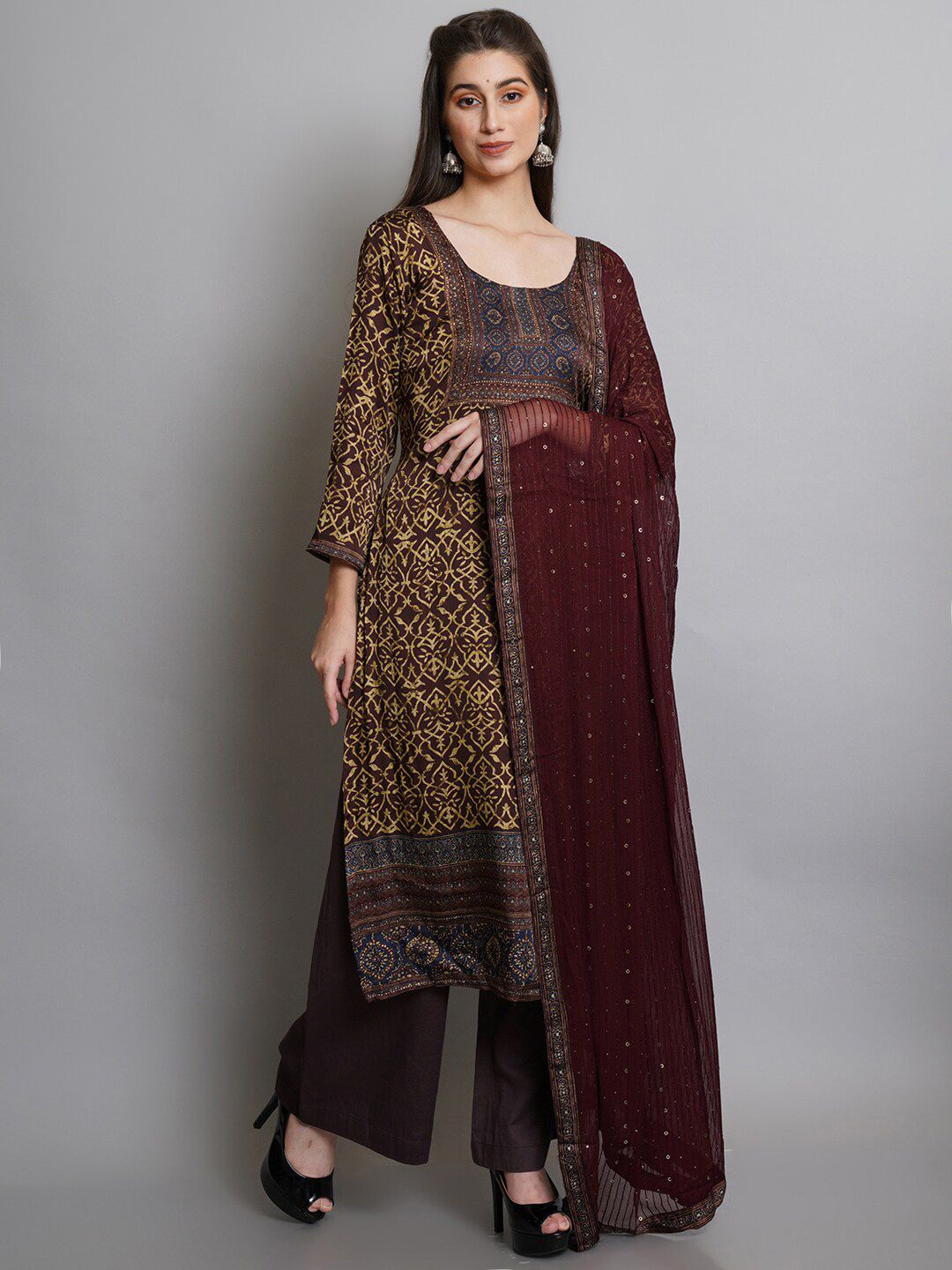 Stylee LIFESTYLE Women Brown & Yellow Printed Satin Unstitched Dress Material Price in India