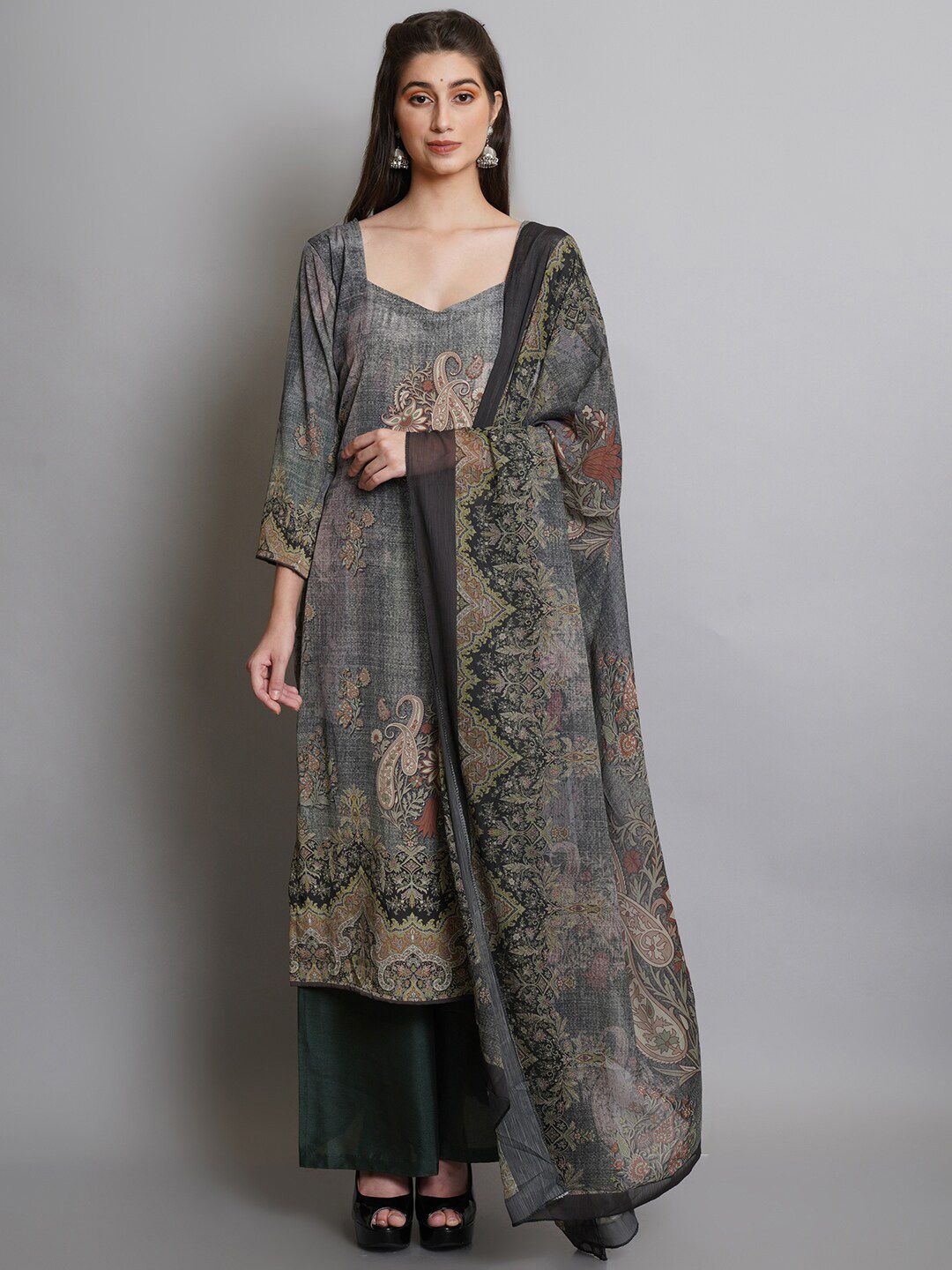 Stylee LIFESTYLE Women Olive Green & Brown Printed Unstitched Dress Material Price in India