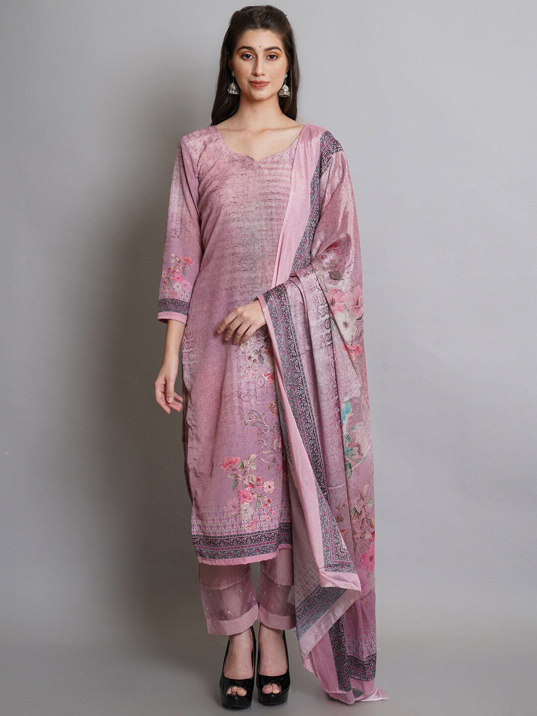 Stylee LIFESTYLE Pink & Grey Printed Unstitched Dress Material Price in India