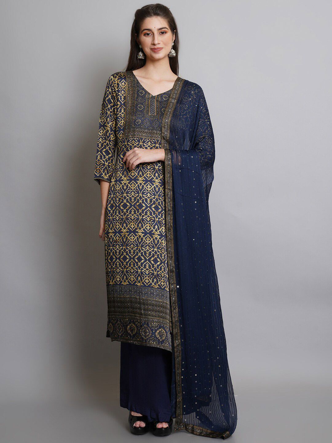 Stylee LIFESTYLE Navy Blue & Gold-Toned Satin Unstitched Dress Material Price in India