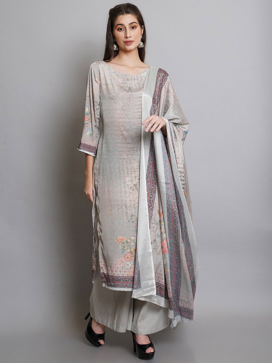 Stylee LIFESTYLE Grey & Pink Printed Unstitched Dress Material Price in India