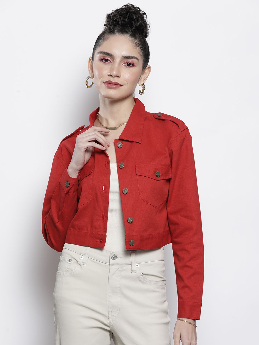 SASSAFRAS Women Red Cotton Crop Tailored Jacket Price in India