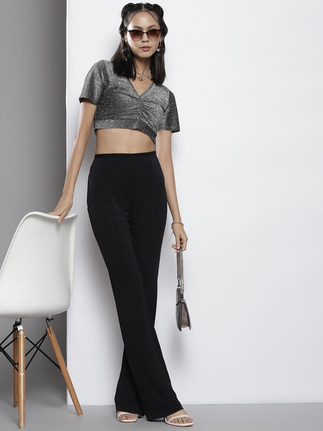 SASSAFRAS Silver-Toned Ruched Crop Top Price in India