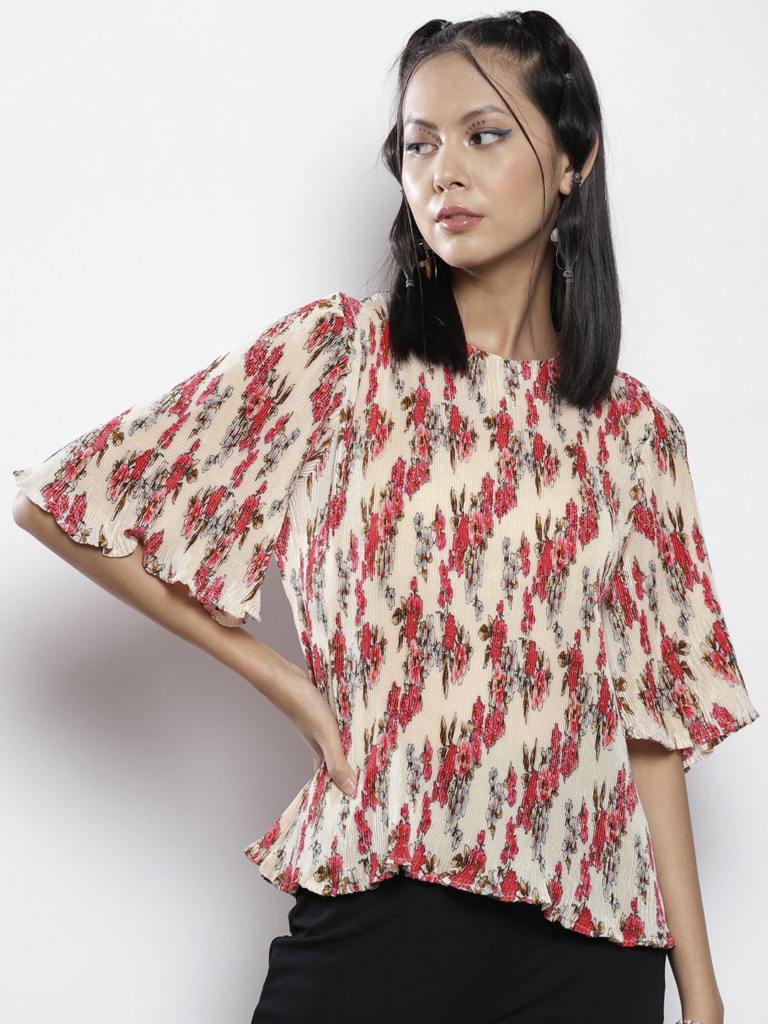 SASSAFRAS Beige & Red Floral Print Blouson Top Price in India