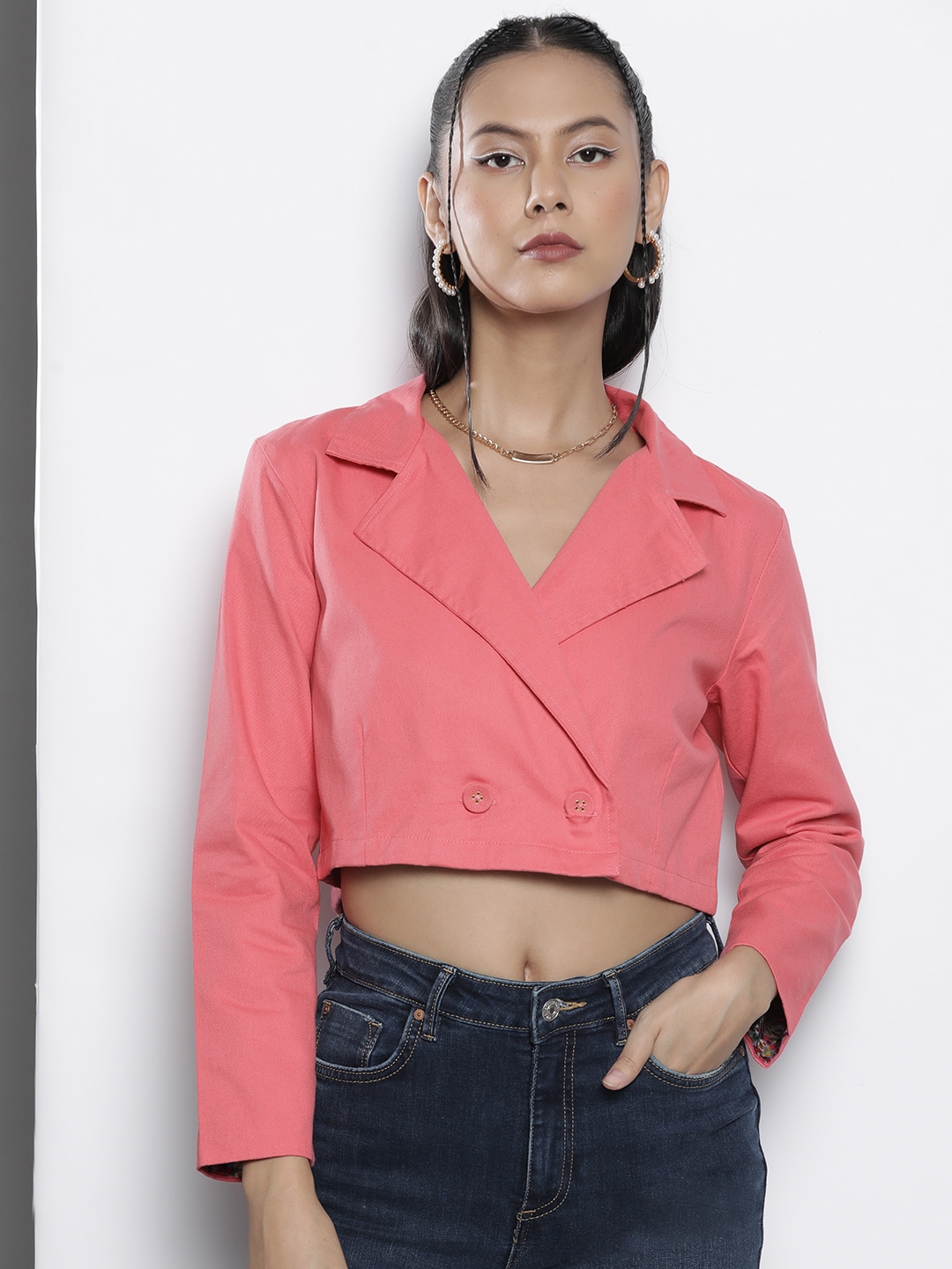 SASSAFRAS Women Pink Cotton Crop Tailored Jacket Price in India