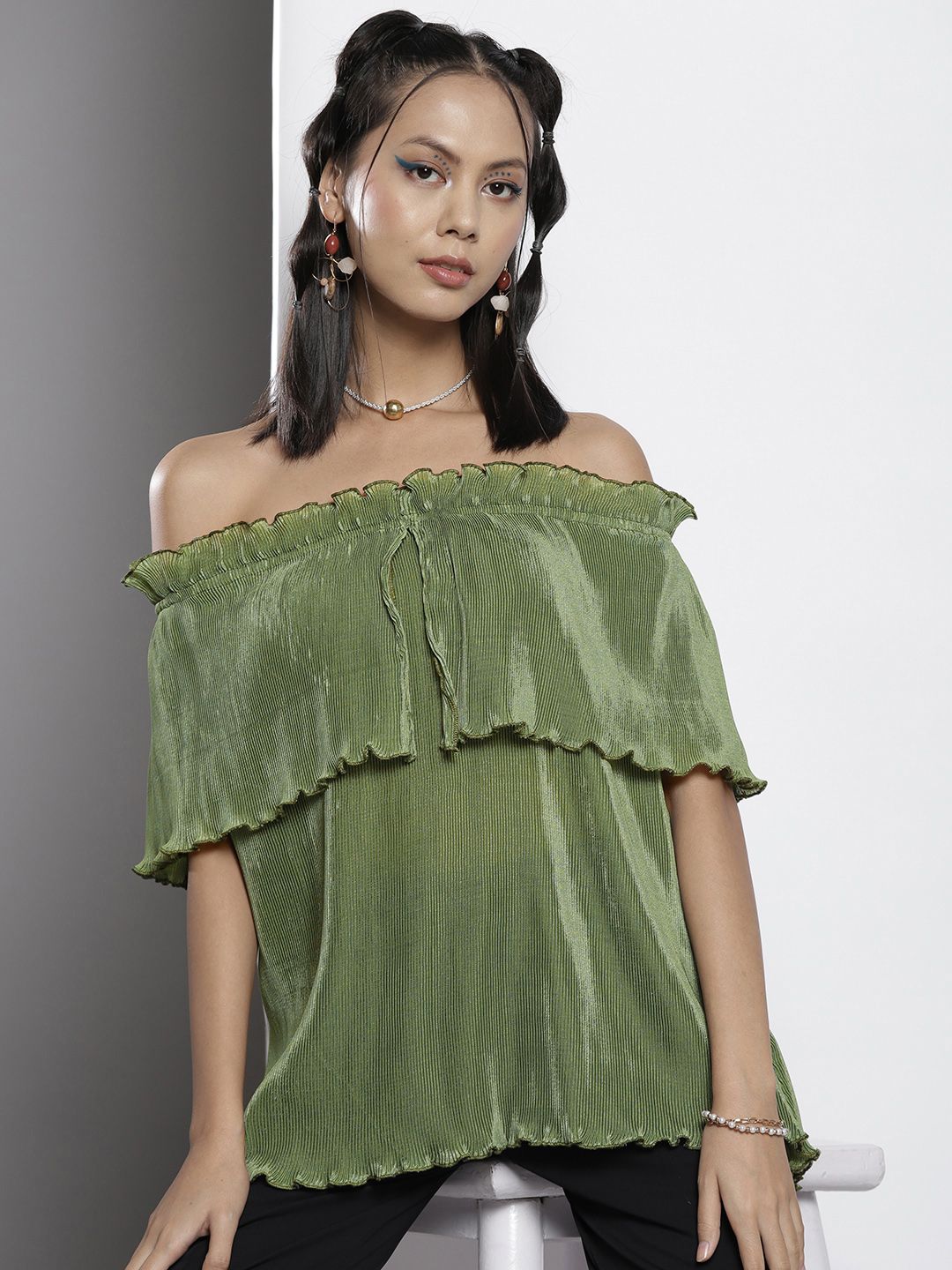 SASSAFRAS Women Olive Green Striped Off-Shoulder Bardot Top Price in India