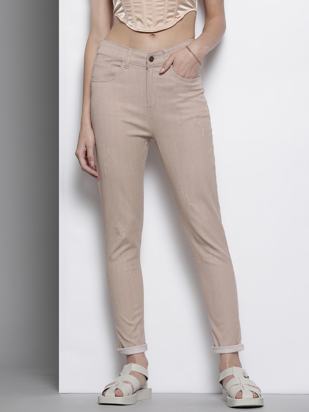SASSAFRAS Women Beige Skinny Fit High-Rise Stretchable Jeans Price in India