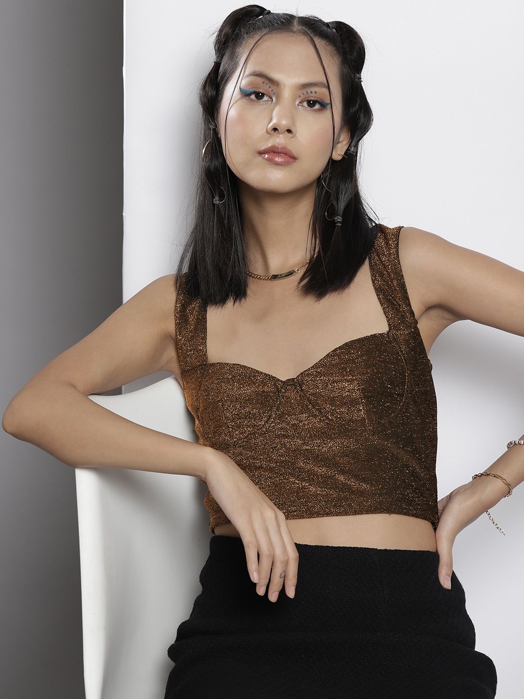 SASSAFRAS Women Gold Embellished Sweetheart Neck Styled Back Crop Top Price in India